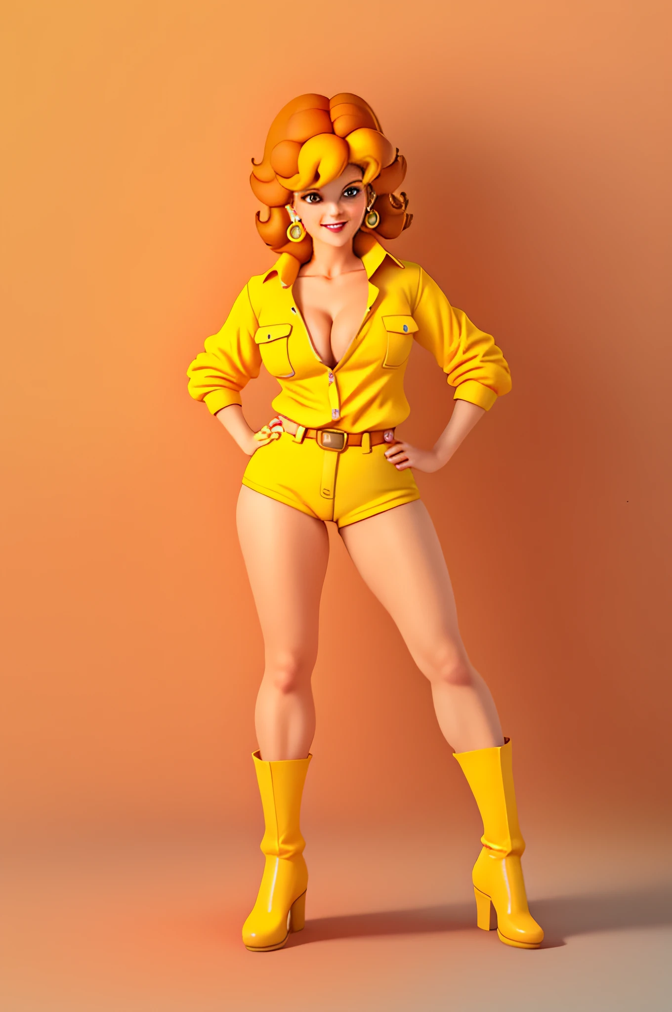 cowboy shot, Princess Peach, 1980s \(style\), 1girl, brown hair, orange hair, retro artstyle, short hair, solo, yellow jumper suit, unbutton_shirt, (naked_breasts:1.2), medium_breasts, cleavage, full body shot, model pose, shoes visible