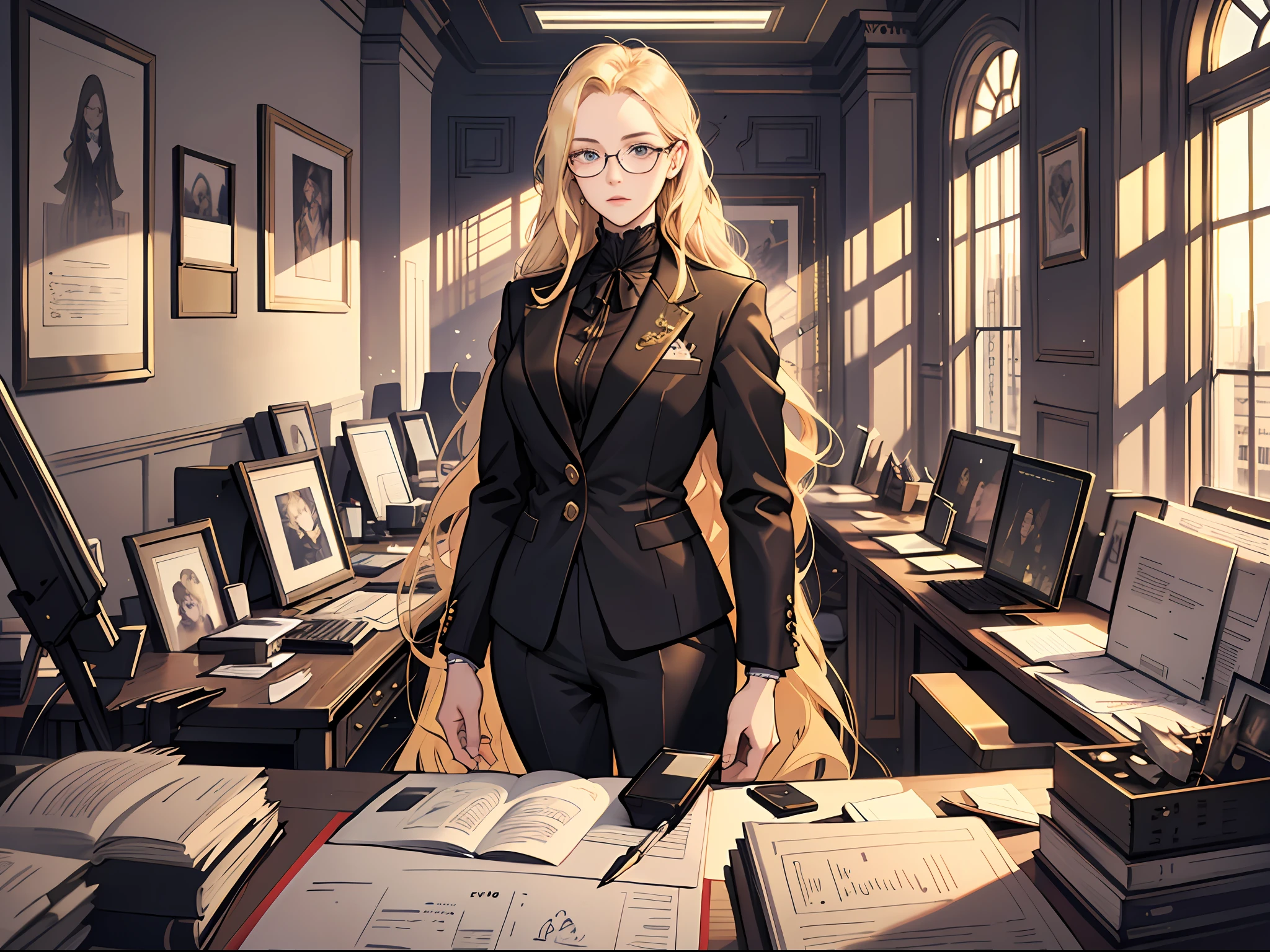 Masterpiece, Excellent, (Office: 1.5), CG drawing with super high detail, standing, royal sister, cold face, expressionless, a woman with long blonde hair, formal black suit, with gold wire glasses, high-end office, luxury, facing the audience, illustration, wide-angle panorama