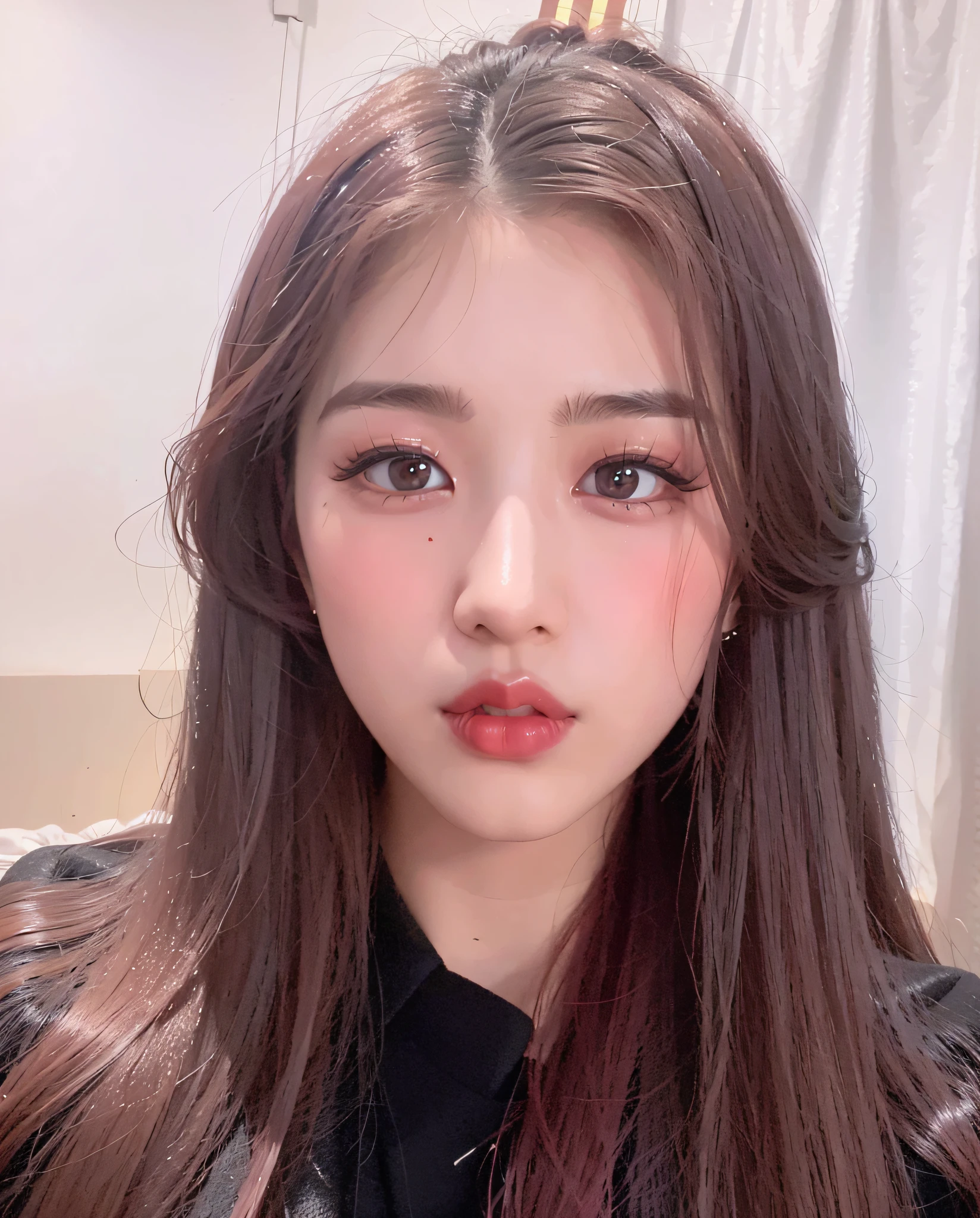 Arad woman posing for long brown hair and red lipstick, Liu Yifei, Sakimichan, Jayeon Nam, black-pink portrait of Jossi, Ulzzang, Heonhwa Choe, Korean pop makeup, 8K selfie photo, Park Jimin, BBWCHAN, pop korean makeup