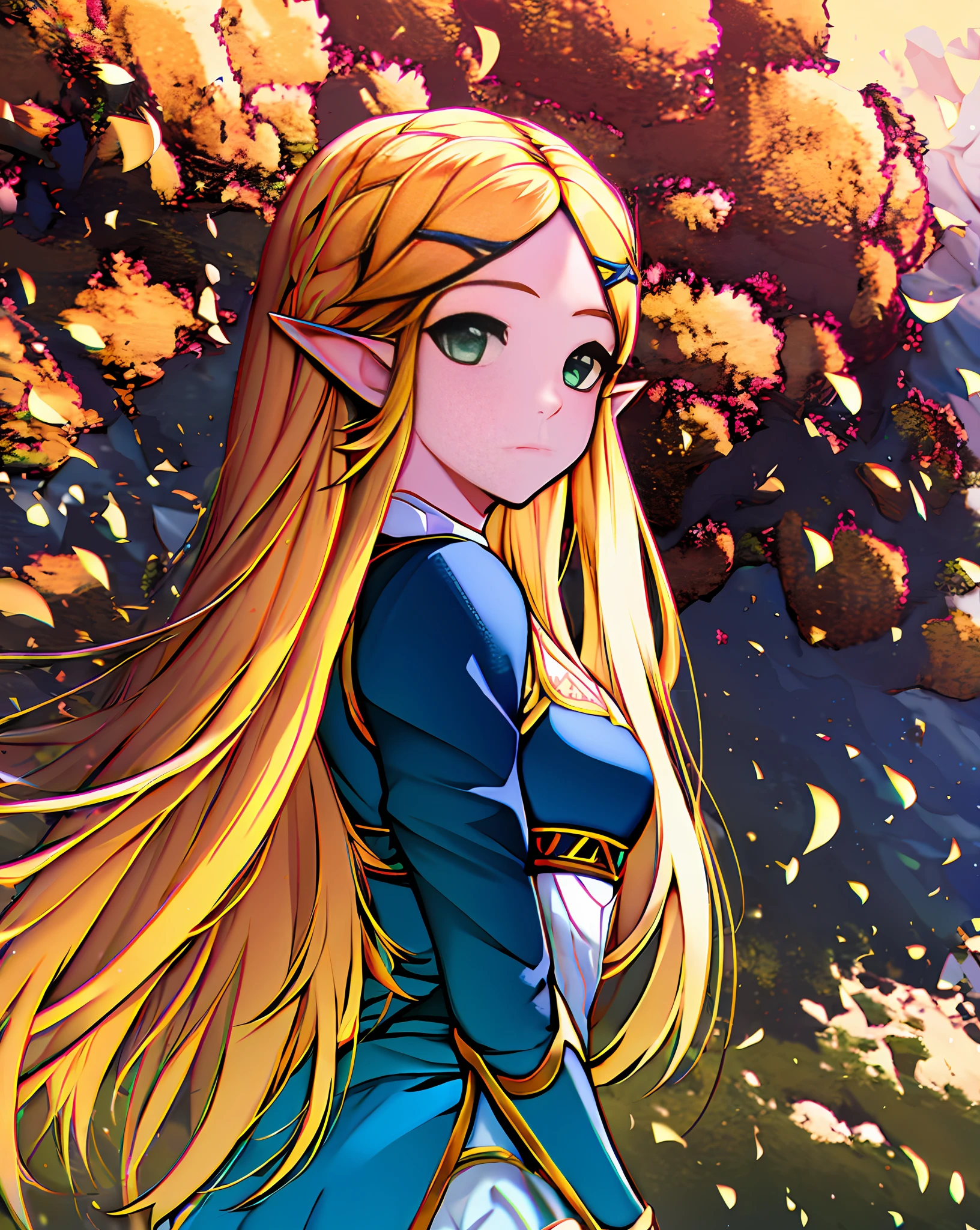 masterpiece, princess zelda, 1girl, bangs, blonde hair, breasts, bridal gauntlets, closed mouth, expressionless, from side, green eyes, highres, jewelry, long hair, long sleeves, nintendo, outdoors, own hands together, pointy ears, ring, small breasts, solo, standing, the legend of zelda, tree, triforce print, upper body, blue shirt and black pants