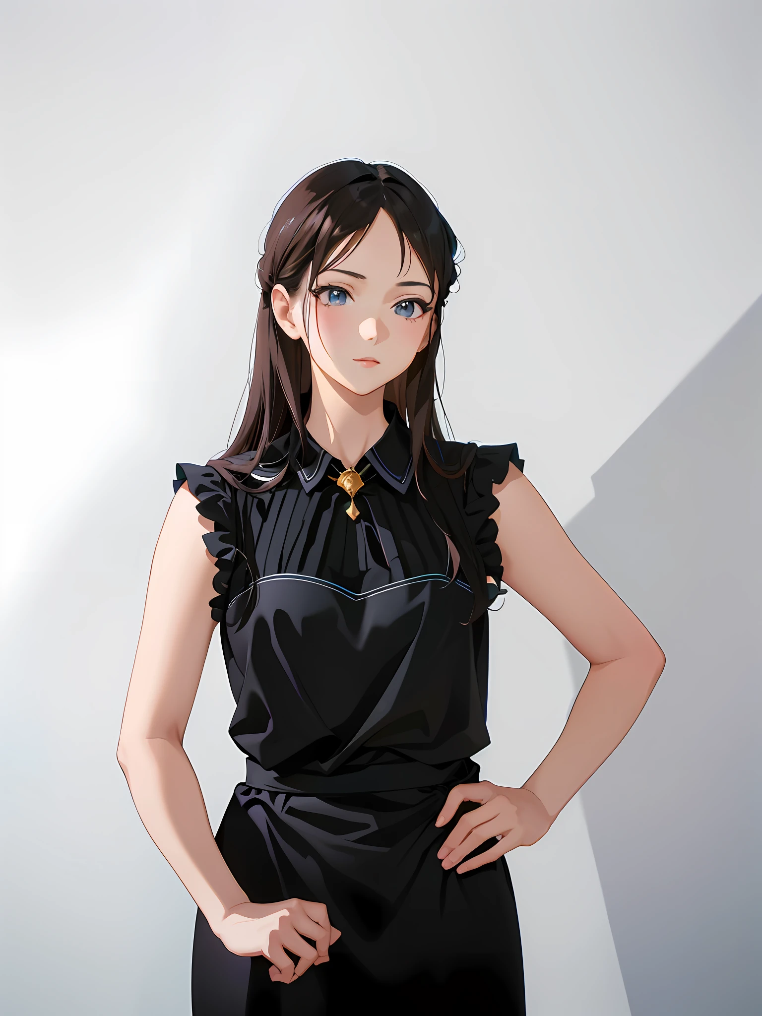 Anime girl in black dress, anime girl,, portrait, official art, ((beautiful), brunette anime girl,, cute girl anime visual