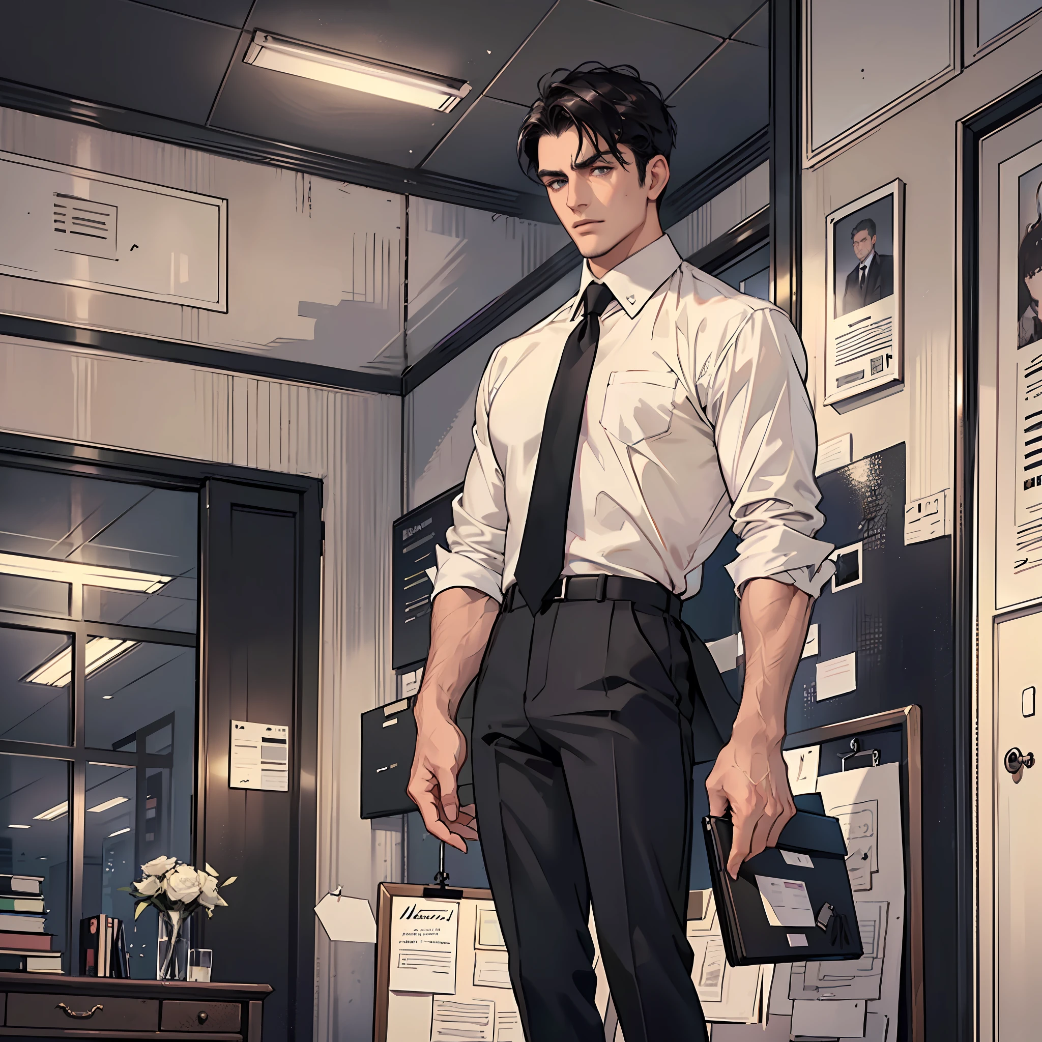 Masterpiece, Excellent, (Office: 1.5), CG drawing with super high detail, handsome, cold face, expressionless,
(a man with short black hair, white shirt, black tie, black pants, leather shoes, a little scum: 1.8),
Inside the president's office, luxurious, standing, holding documents, facing the audience, illustration, wide angle
