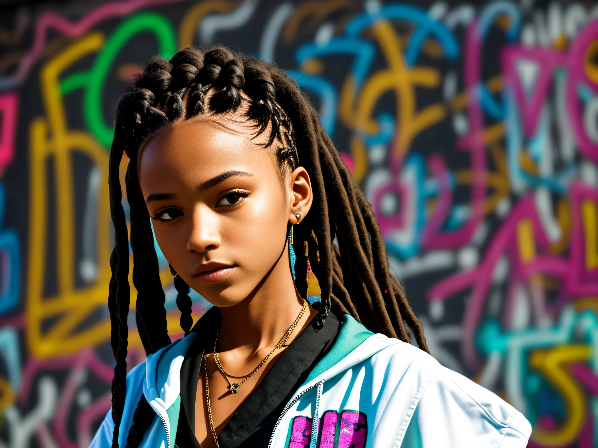 girl with braids, girl with dreadlocks, hip hop style, cypher dance, big city, graffiti wall on background, ultra realistic, UHD, 16k, natural lights, masterpiece-imagine