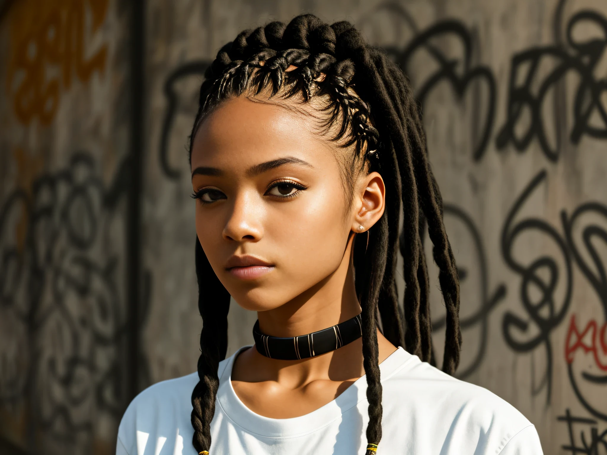 girl with braids, girl with dreadlocks, hip hop style, cypher dance, big city, graffiti wall on background, ultra realistic, UHD, 16k, natural lights, masterpiece-imagine