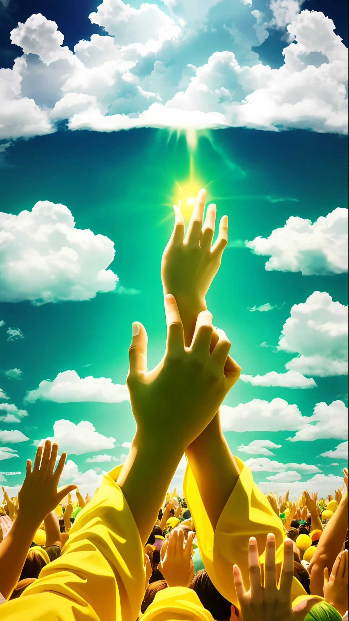 create a hand that is coming out of the clouds in the sky from top to bottom as if it were the hand of God on an arm that stretches out to a crowd of people dressed in green and yellow below, blessing the many people looking at the hand with the horizon with shades on the green and yellow horizon