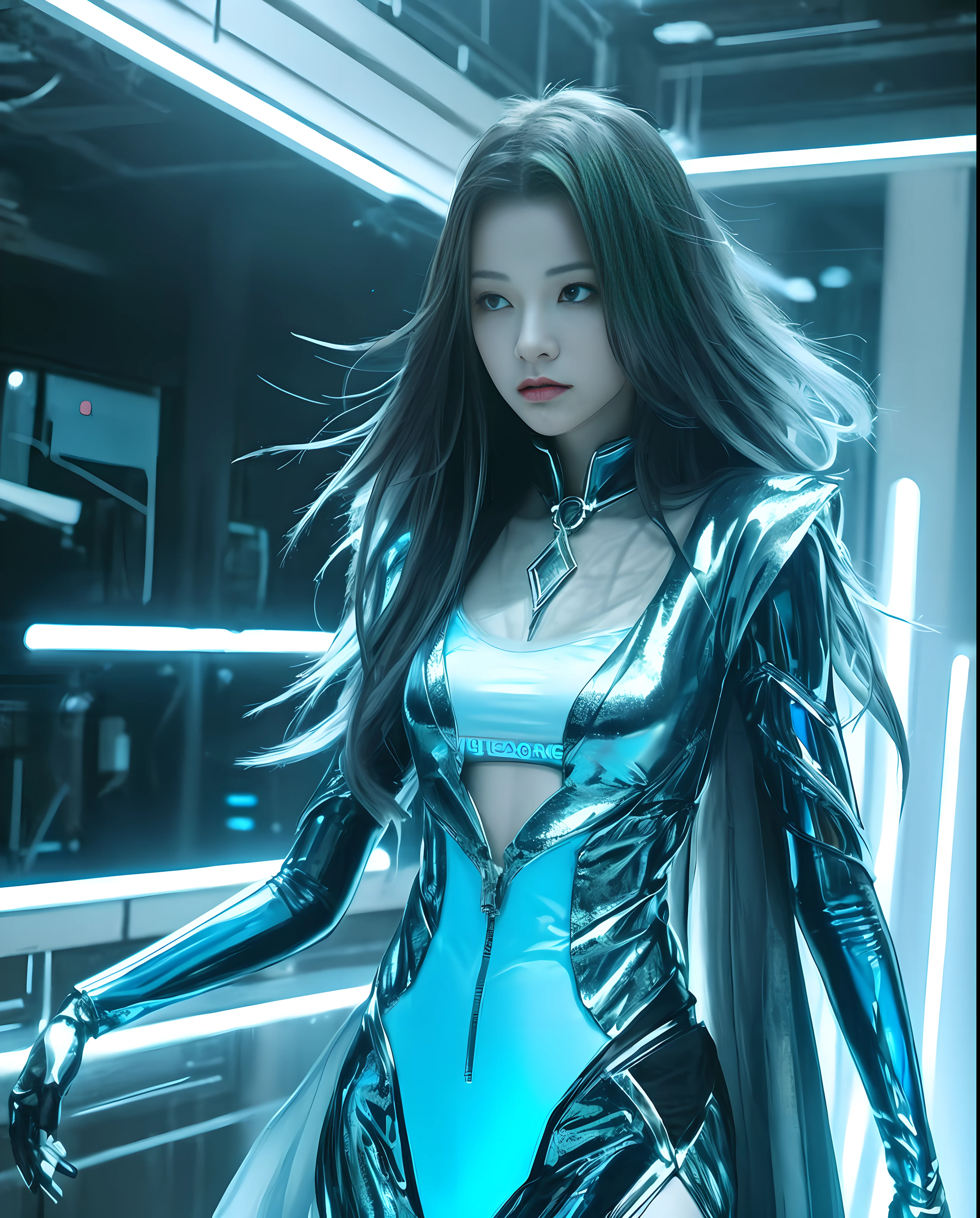 A character concept, standing in the center of a vast, futuristic chamber, Their body is adorned with sleek, cybernetic implants that seem to pulse with a soft blue light, Their pale, ethereal skin almost glows in the dim light, and their piercing blue eyes seem to look straight through you, Around their neck hangs a glowing pendant, pulsing with an inner light that radiates power, The pendant seems to be the source of their otherworldly abilities, and its glow fills the room with an ethereal aura, As you watch, the figure moves with an effortless grace, almost as if they are floating rather than walking, Despite their ageless appearance, there is a sense of weariness about them, a hint of sorrow that speaks to a life of loss and heartbreak, And yet, there is also a sense of hope, a determination to keep moving forward, to find a way to break the curse of immortality and finally find peace, In this figure, there is a sense of wonder and mystery, a mixture of science fiction and fantasy that defies easy categorization.
The image captures the essence of a being out of time, a figure of myth and legend brought to life in a world of technology and magic,