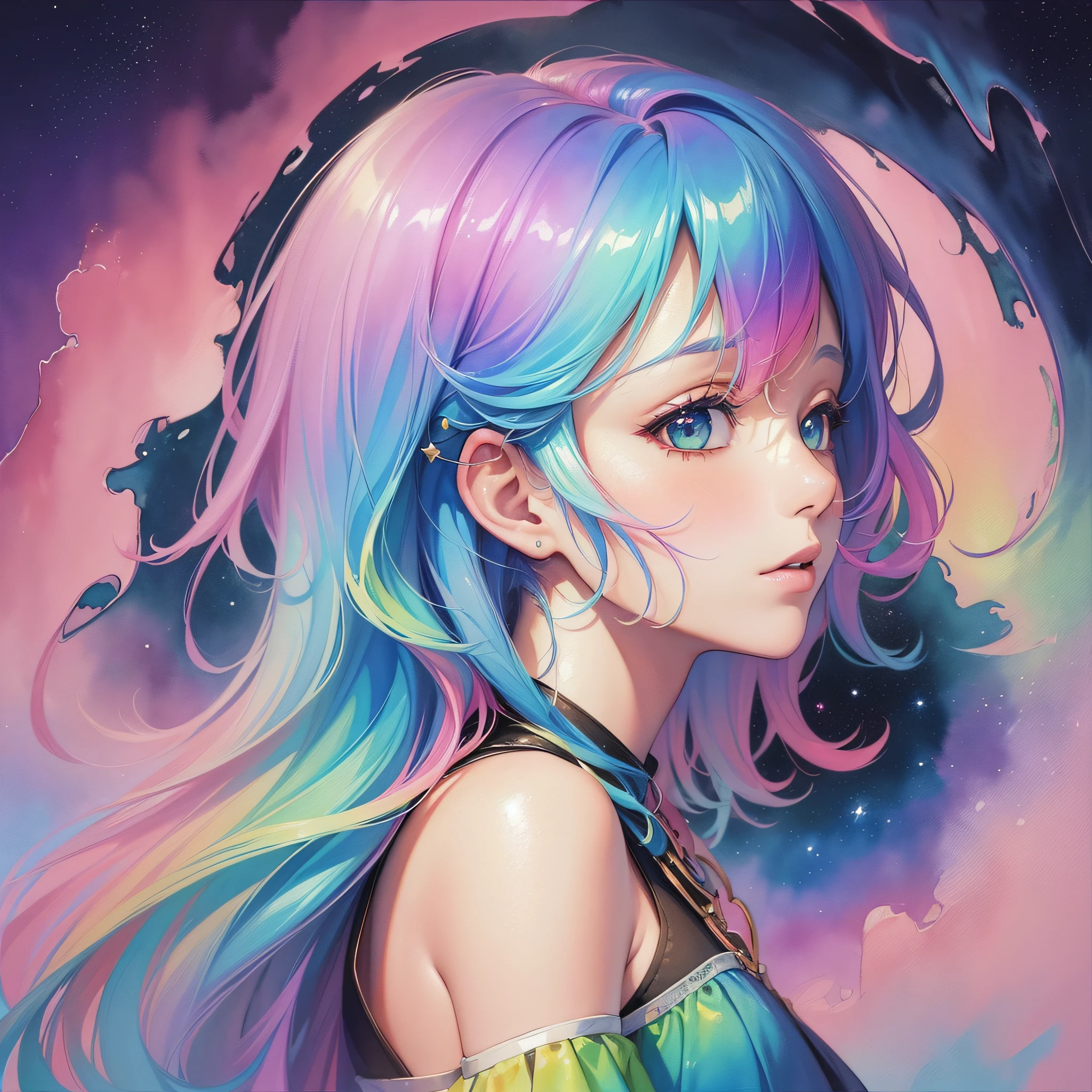 (masterpiece, top quality, best quality,watercolor (medium),official art, beautiful and aesthetic:1.2),(1girl:1.3), (fractal art:1.3),upper body, from side, looking at viewer,patterns,(rainbow color Hair,colorful hair,half blue and half pink hair:1.2),water,liquid, cloud,colorful, starry,stars,