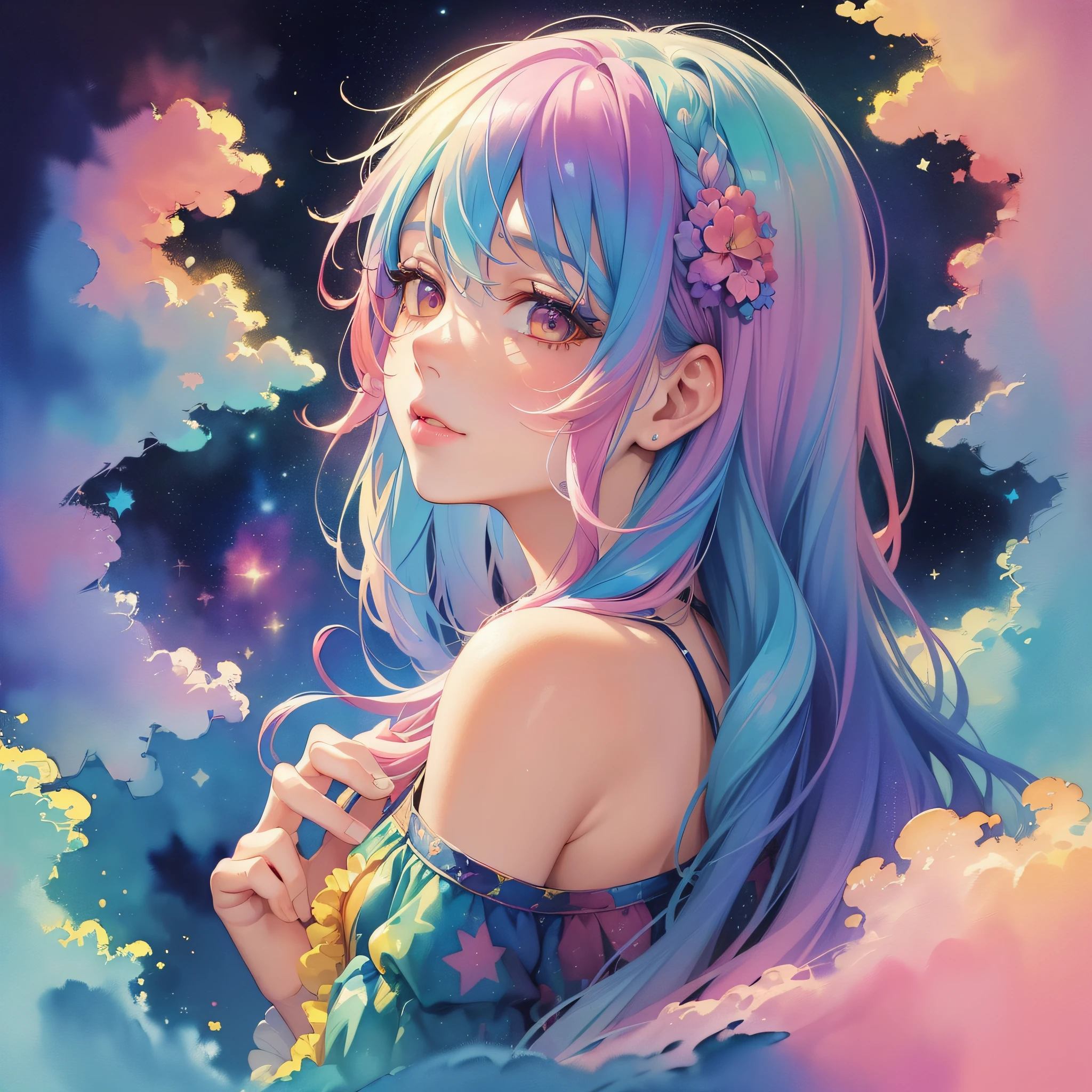 (masterpiece, top quality, best quality,watercolor (medium),official art, beautiful and aesthetic:1.2),(1girl:1.3), (fractal art:1.3),upper body, from side, looking at viewer,patterns,(rainbow color Hair,colorful hair,half blue and half pink hair:1.2),water,liquid, cloud,colorful, starry,stars,