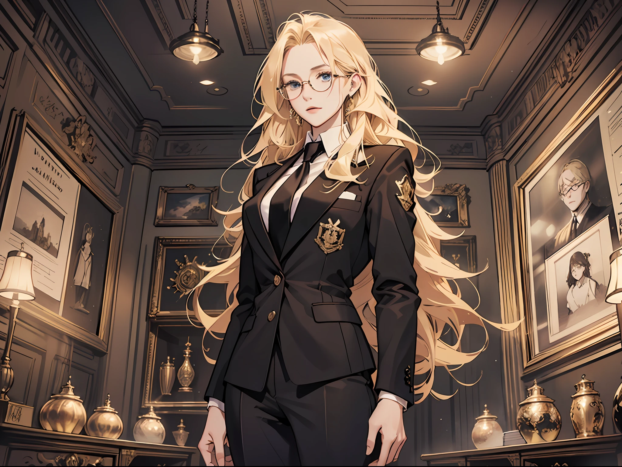 Masterpiece, Excellent, (Office: 1.5), CG drawing with super high detail, standing, royal sister, cold face, expressionless, a woman with long blonde hair, formal black suit, with gold wire glasses, high-end office, luxury, facing the audience, illustration, wide-angle panorama