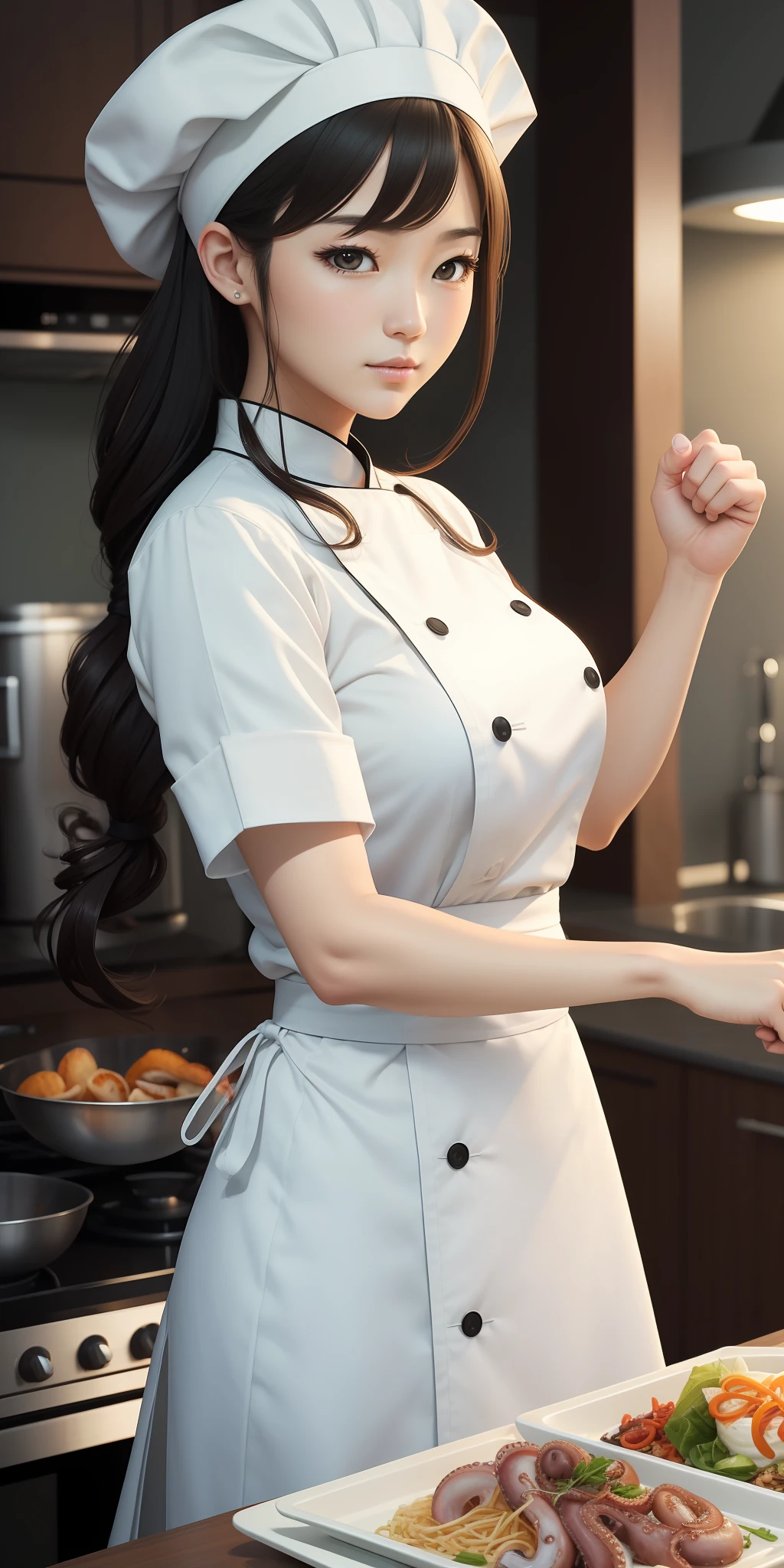 {{Top quality}}, masterpiece, realistic, Korean_chef), {{{{woman in white hat and chef outfit violently exchanging hands and punches with octopus in kitchen}}}}, dynamic action, {{fine detail}}
Negative prompt: EasyNegative, {{worst quality}}, low quality:1.3), {{nsfw}}
steps: 40, sampler: DPM++ 2M Karras, width: 512, height: 768, seed: 2738669184, cfg_scale: 8, model_hash: f422db7ce3, eta: None, clip_skip: 2,