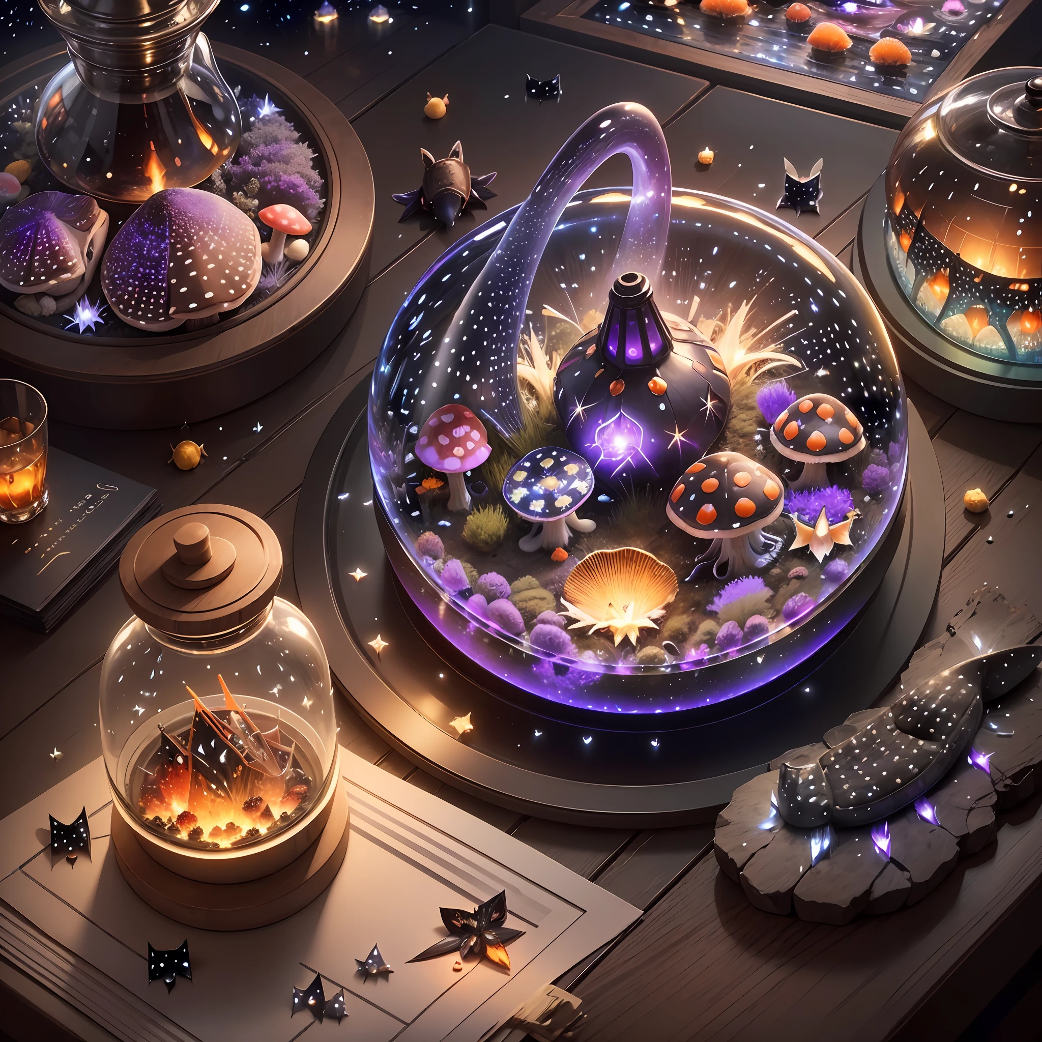 Computer, Extensive landscape ultrasound photography (general view, which shows a glass glass, a bottle of vodka with a snake, fly agaric mushrooms), (a detailed description of the bottle, mushrooms), glass, (a detailed description of the mushrooms), inside the glass there is poison (ultra-detailed burning fire), waves (in detail), a bird (in detail), night, starry sky, moon, meteors (in detail), sea (in detail), the reflection of the moon on the water surface, the reflection of full shooting stars on the surface of the sea, burning surface of the lake, moths (1:3), fireflies (1:3), (ultra-detailed description of appearance), burning lighthouse (crystals: 1,2), BREAK production art, (cold light source:1.2), (Firefly:1.2), lilac, purple, fire particles, colors, complex details, volumetric lighting, realistic fantasy BREAK (masterpiece:1.2), (best quality), 4k, ultra-detailed, (dynamic composition: 1.4), highly detailed, colorful details, (gloomy colors: 1.2), (luminous lighting, atmospheric lighting), gloomy, dark, magical, (solo: 1.2) --auto --s2