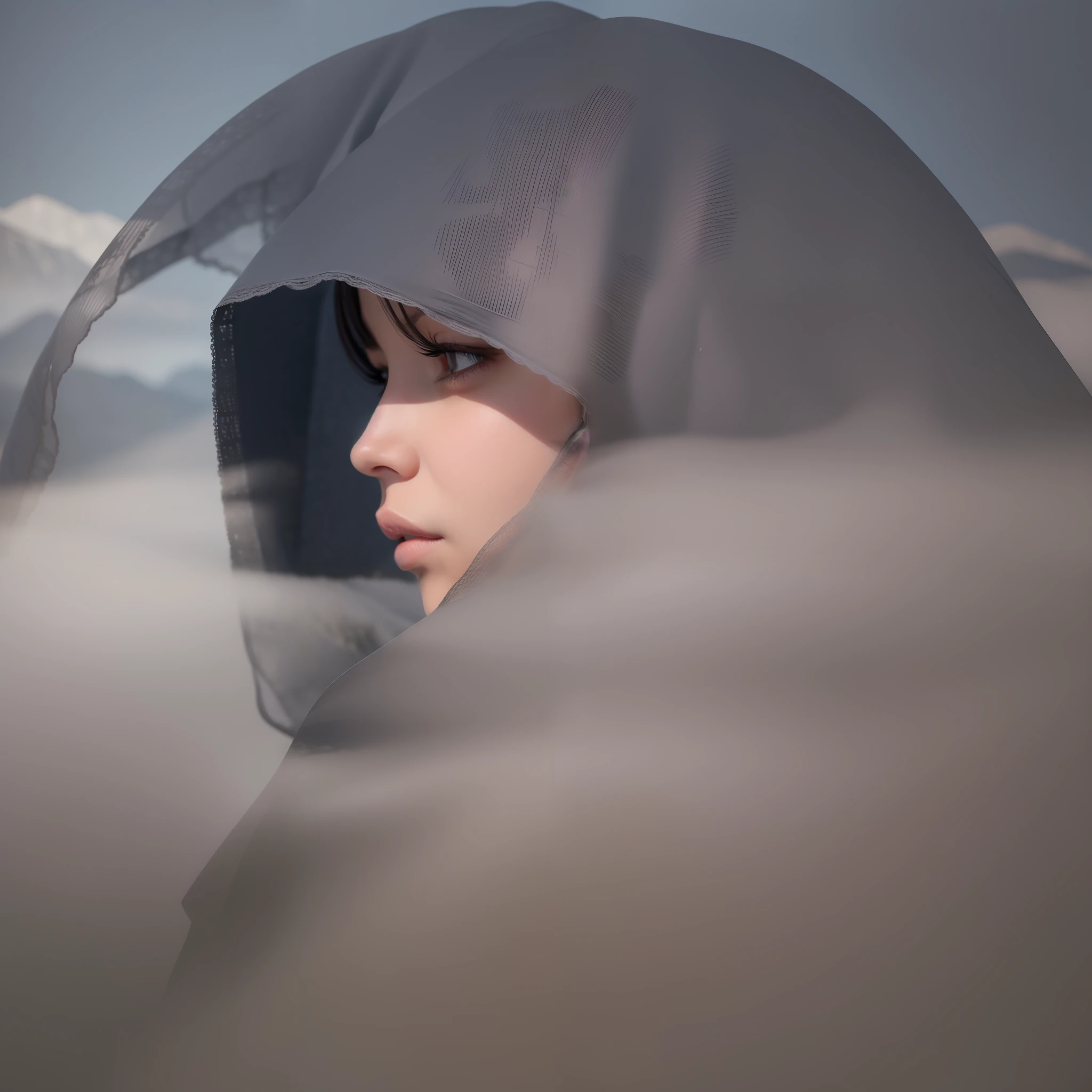 In the background is a thick fog drifting over the mountains, and in the foreground is a female side face with a half-veiled veil