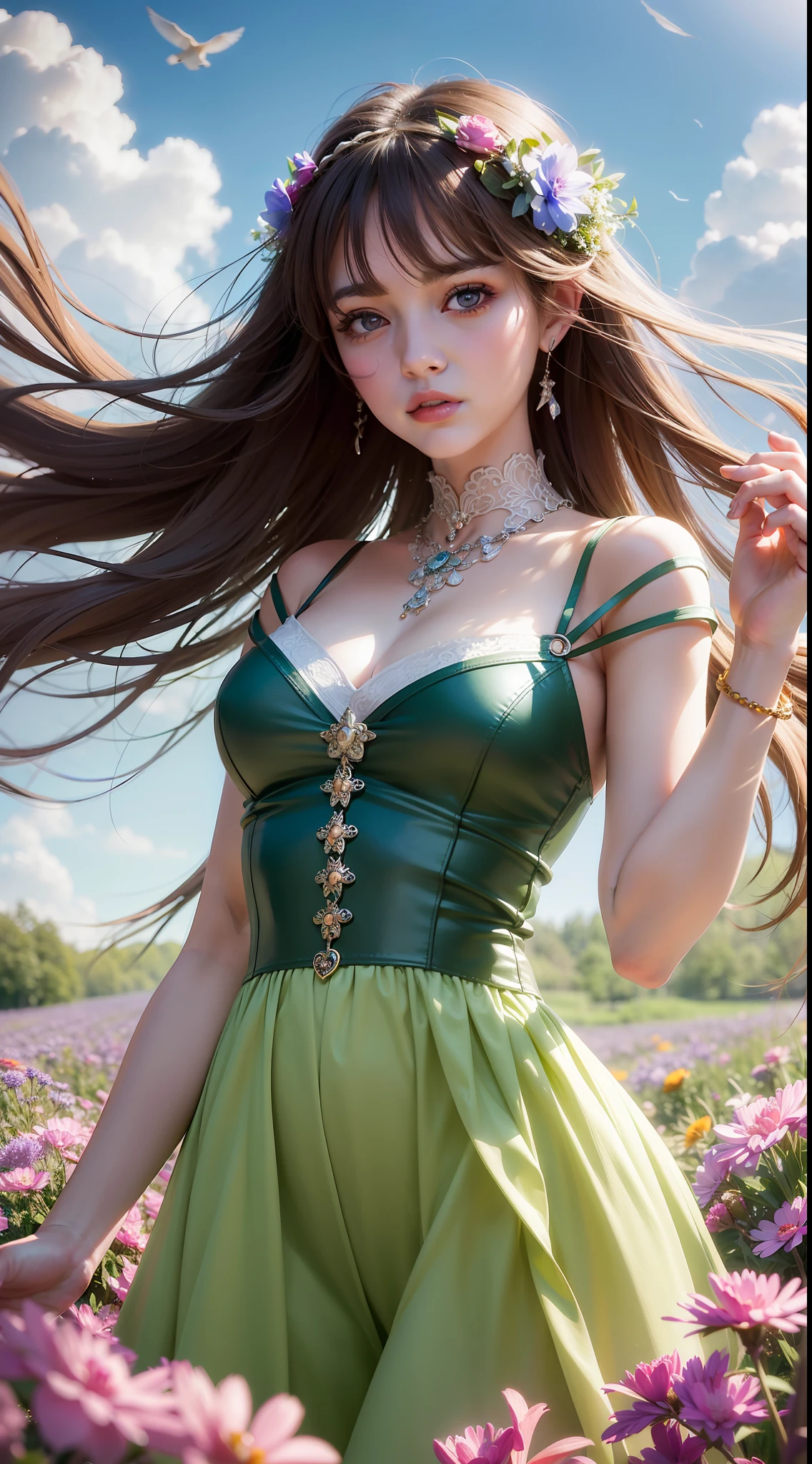 A stunning young woman stands amidst a sea of wildflowers, her hair gently blowing in the breeze. The sun shines down on her, casting a warm glow on her smiling face. Birds flit and chirp around her, adding to the idyllic scene. The atmosphere is one of fanciful delight, as if the girl is in a fairytale. The image is captured in stunning 8K resolution, bringing every detail to life.