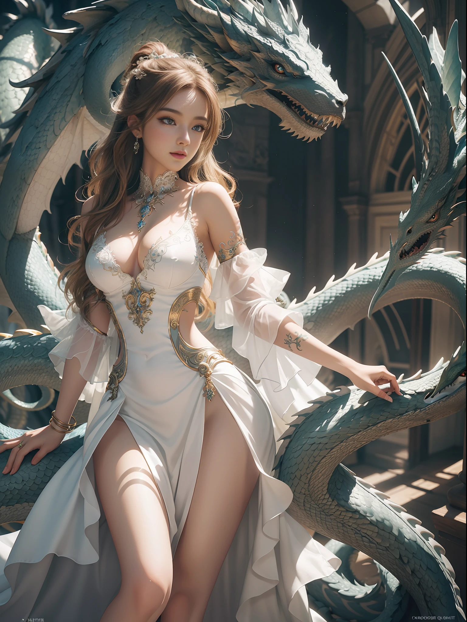 Very detailed CG, 8k wallpaper, masterpiece, best quality, super detailed, beautiful detailed eyes, best lighting, best shadows, extremely delicate and beautiful, girl surrounded by dragons, 1 girl, breasts, solo, full body, back tattoo, white dress, color dragon, bare legs, long skirt,