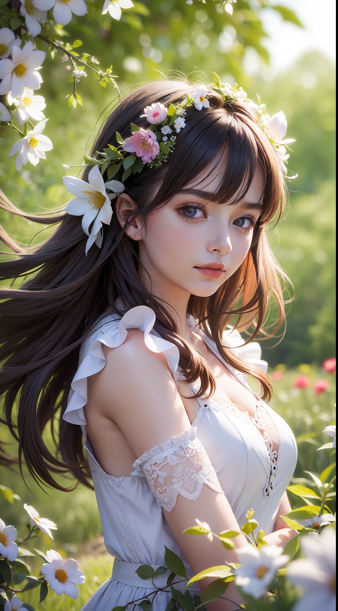 A stunning young woman stands amidst a sea of wildflowers, her hair gently blowing in the breeze. The sun shines down on her, casting a warm glow on her smiling face. Birds flit and chirp around her, adding to the idyllic scene. The atmosphere is one of fanciful delight, as if the girl is in a fairytale. The image is captured in stunning 8K resolution, bringing every detail to life.