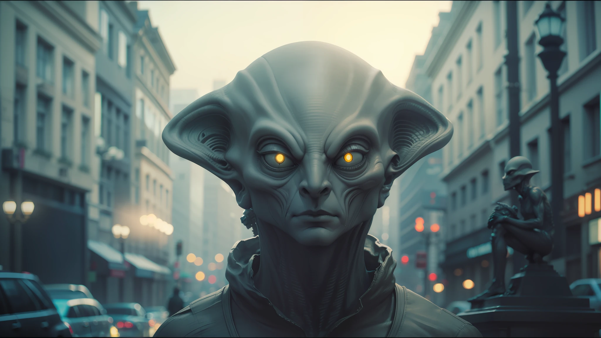 alien looking statue in a city with buildings and a street light, keyframe illustration, vfx film closeup, portrait of an alien, inspired by Fritz Puempin, gray anthropomorphic, 2 0 1 5 cinematography, symmetry ; photorealistic, face shown, wintermute --auto --s2