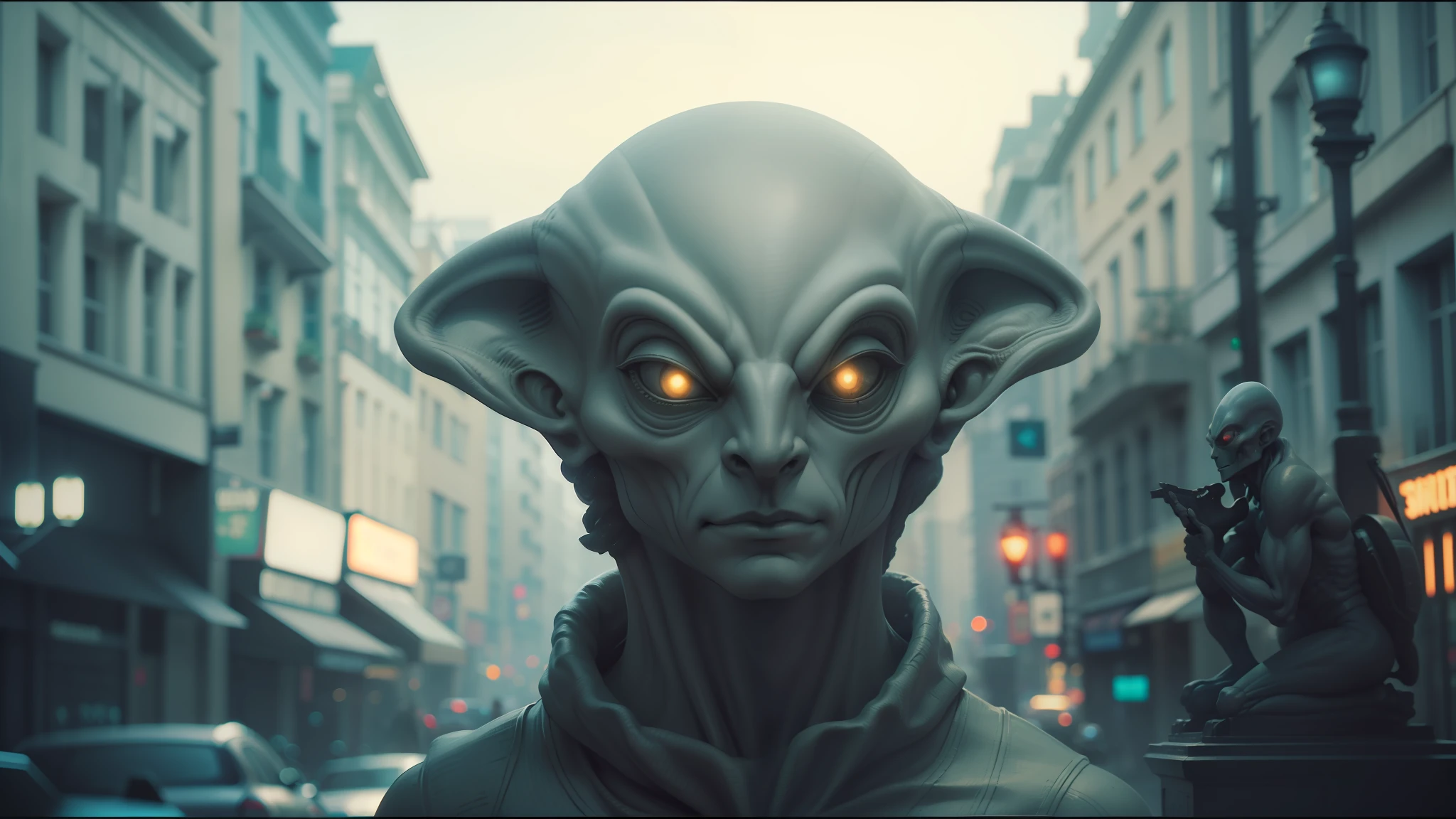alien looking statue in a city with buildings and a street light, keyframe illustration, vfx film closeup, portrait of an alien, inspired by Fritz Puempin, gray anthropomorphic, 2 0 1 5 cinematography, symmetry ; photorealistic, face shown, wintermute --auto --s2