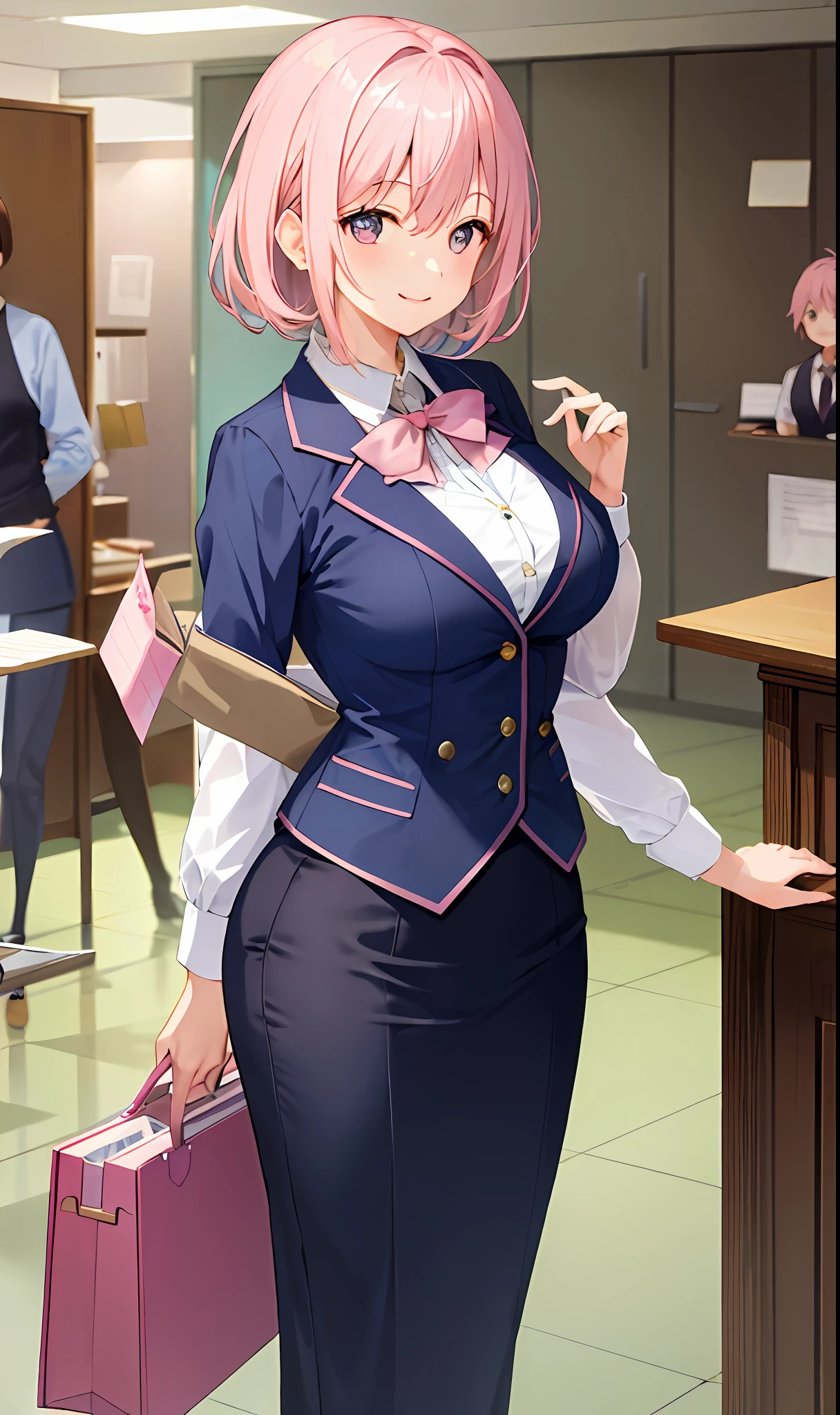 ((masterpiece, best)),(1girl),((mature woman)), light pink hair, dizzy, trumpet, ((office lady)), bangs, mid-chest, (full), slim, smiling, [wide hips] ,office,standing, aru \(blue archive\),