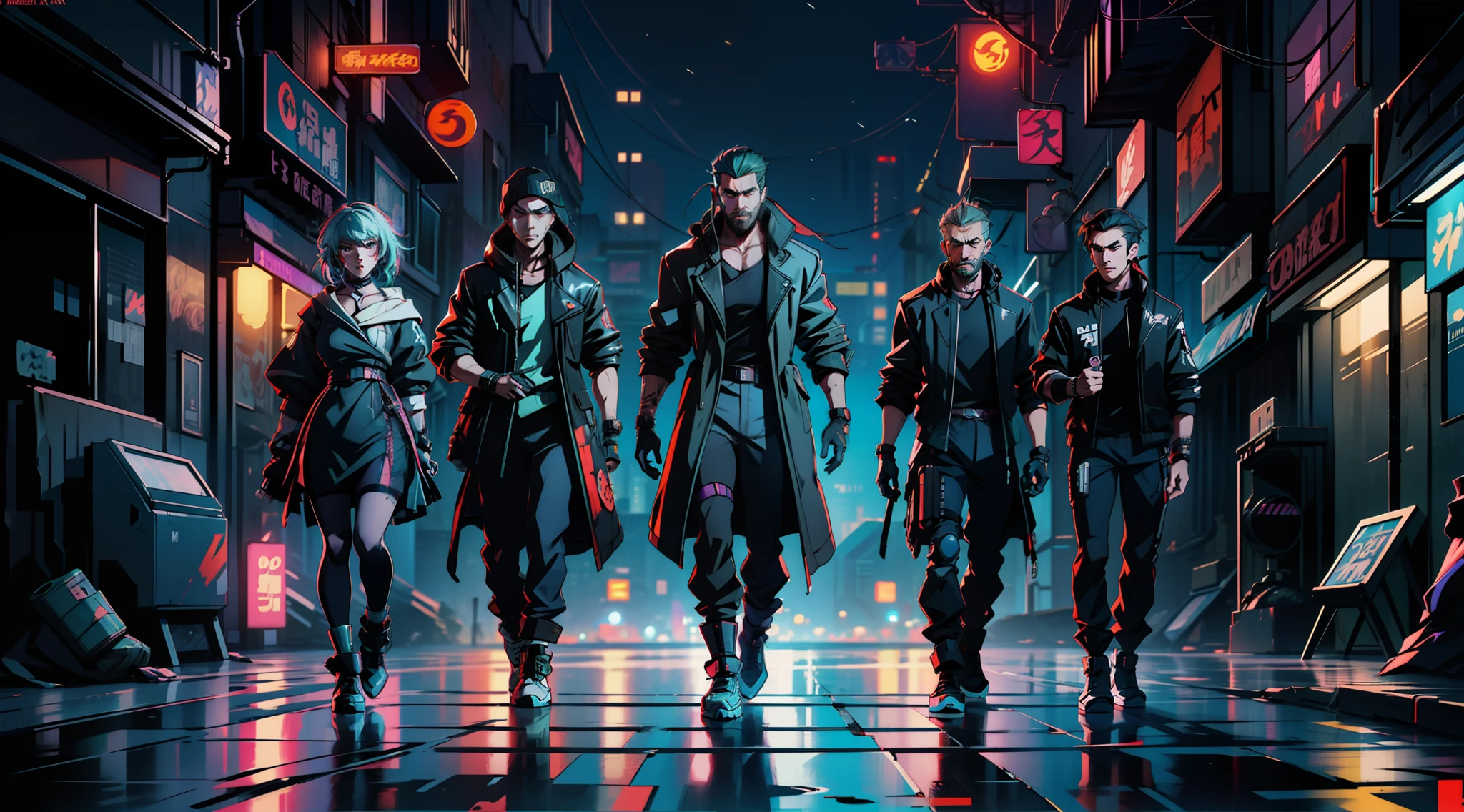Femme magnifique, 3 Men standing at night on a city street, modern cyberpunk anime, cyberpunk noir, night, moon, cyberpunk city, dark and gloomy alley, garbage bug, high detail, high quality, neon lights aside, standing guy and 3 grown men with a beard, rough-looking men, stylized urban fantasy artwork, cyberpunk digital anime art, cyberpunk anime art, cyberpunk anime art, cyberpunk anime art, cool anime 8k, Shadowrun character art, cyberpunk art style, shadowrun intro, cyberpunk street, cyberpunk anime, cyberpunk character art, CGsociety cyberpunk art, cyberpunk themed art, detailed faces, one has a metal hand, cyber hand, in the middle is the leader