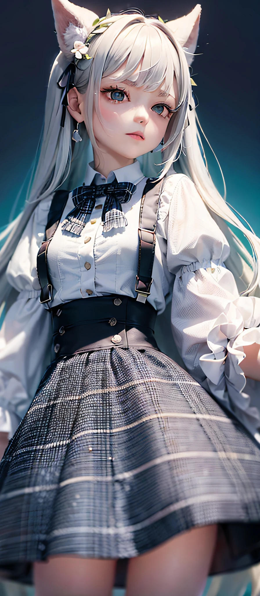 1girl, (masterpiece:1.1), (best quality:1.1), (white blouse:1.1), (plaid skirt:1.1), school uniform, high waist skirt, BREAK [blue:pink:0.5] theme, (gradient background:1.1 ), cowboy shot, BREAK silver hair, long hair,, green eyes, delicate headgear, looking sideways,
