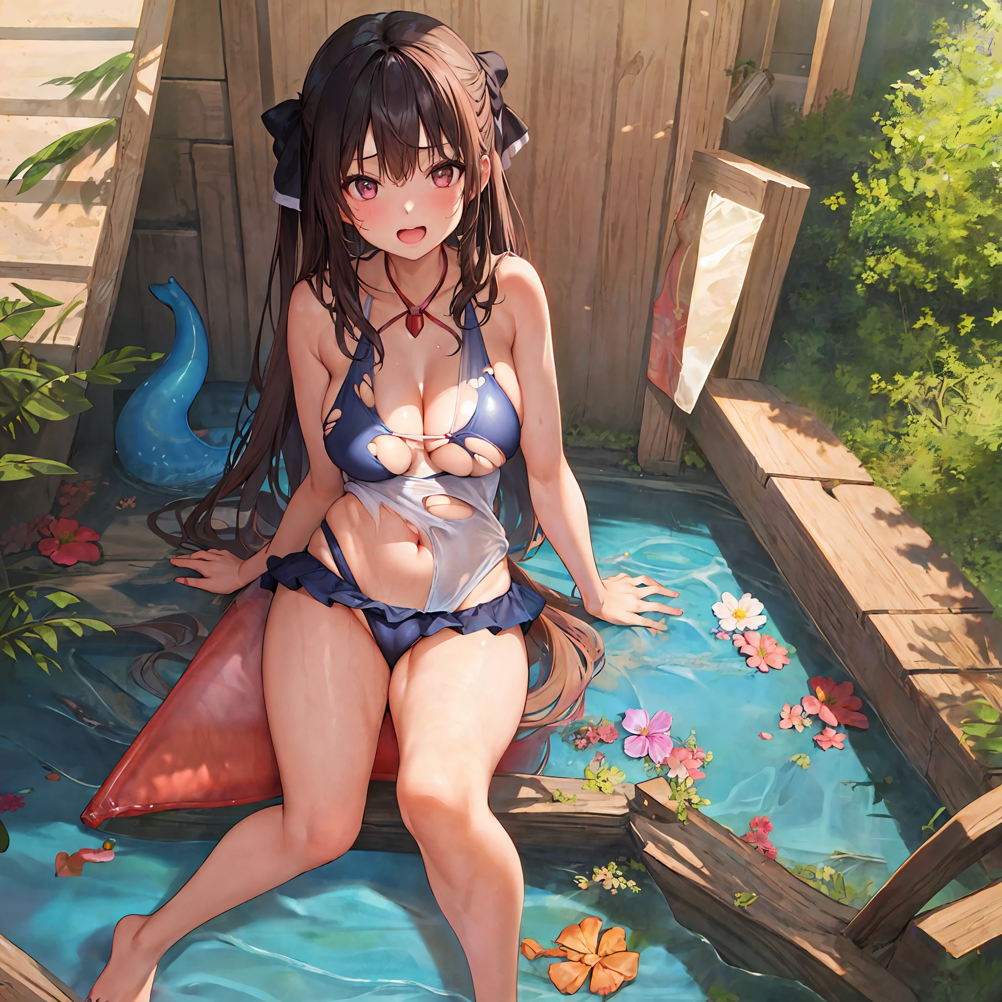 nsfw,1 girl,18 years old,Look at the viewer,((Full body))),Blush,Big,Beautiful eyes,Good face ,Masterpiece,Top quality,High quality,Super high quality、very_high_resolution,large_filesize,Full color,Illustration,8k,((no panties))),Sitting , ((((Swimsuit)))), smile, open mouth, sweatdrops, embarrassed, JPEG artifact, steps: 30, Sampler: Euler, CFG scale: 10, Size: 512x512 , squatting cowgirl, POV, spreading legs, pubic hair, ((very soft breasts)), (conspicuous large pink areola)), (she is wet))), (see-through)), areolas, showing through the top of the swimsuit, ((((Lower breasts visible from the torn swimsuit))))
