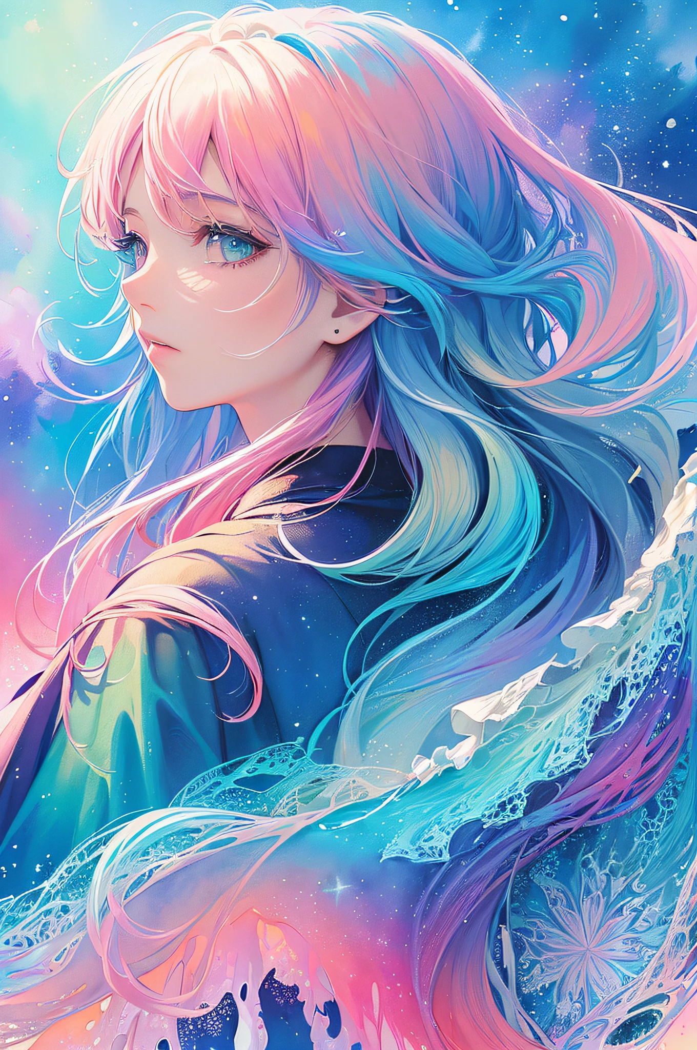 (masterpiece, top quality, best quality,watercolor (medium),official art, beautiful and aesthetic:1.2),(1girl:1.3), (fractal art:1.3),upper body, from side, looking at viewer,patterns,(rainbow color Hair,colorful hair,half blue and half pink hair:1.2),water,liquid, cloud,colorful, starry,stars,
