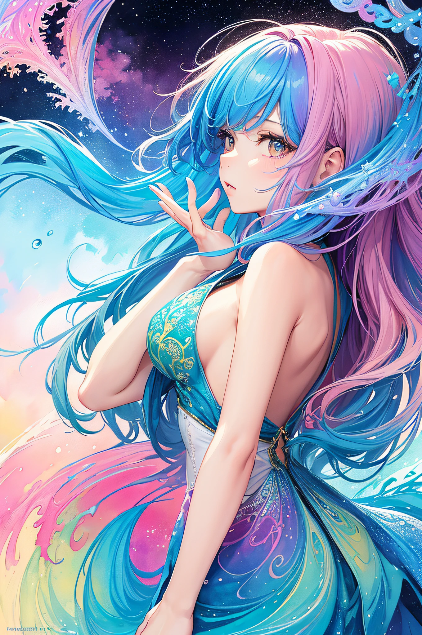 (masterpiece, top quality, best quality,watercolor (medium),official art, beautiful and aesthetic:1.2),(1girl:1.3), (fractal art:1.3),upper body, from side, looking at viewer,patterns,(rainbow color Hair,colorful hair,half blue and half pink hair:1.2),water,liquid, cloud,colorful, starry,stars,