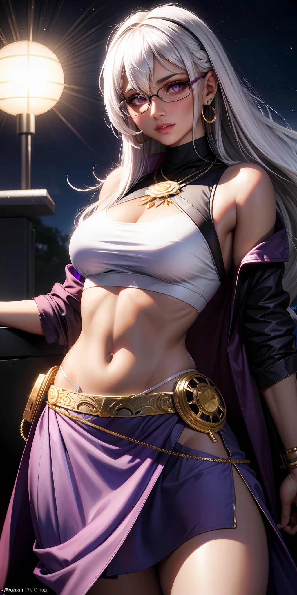 Mia Khalifa, realistic, 1girl, white hair, purple eyes, glowing eyes, crop top, skirt, parted lips, blush, night, flowers, sun, sunlight,