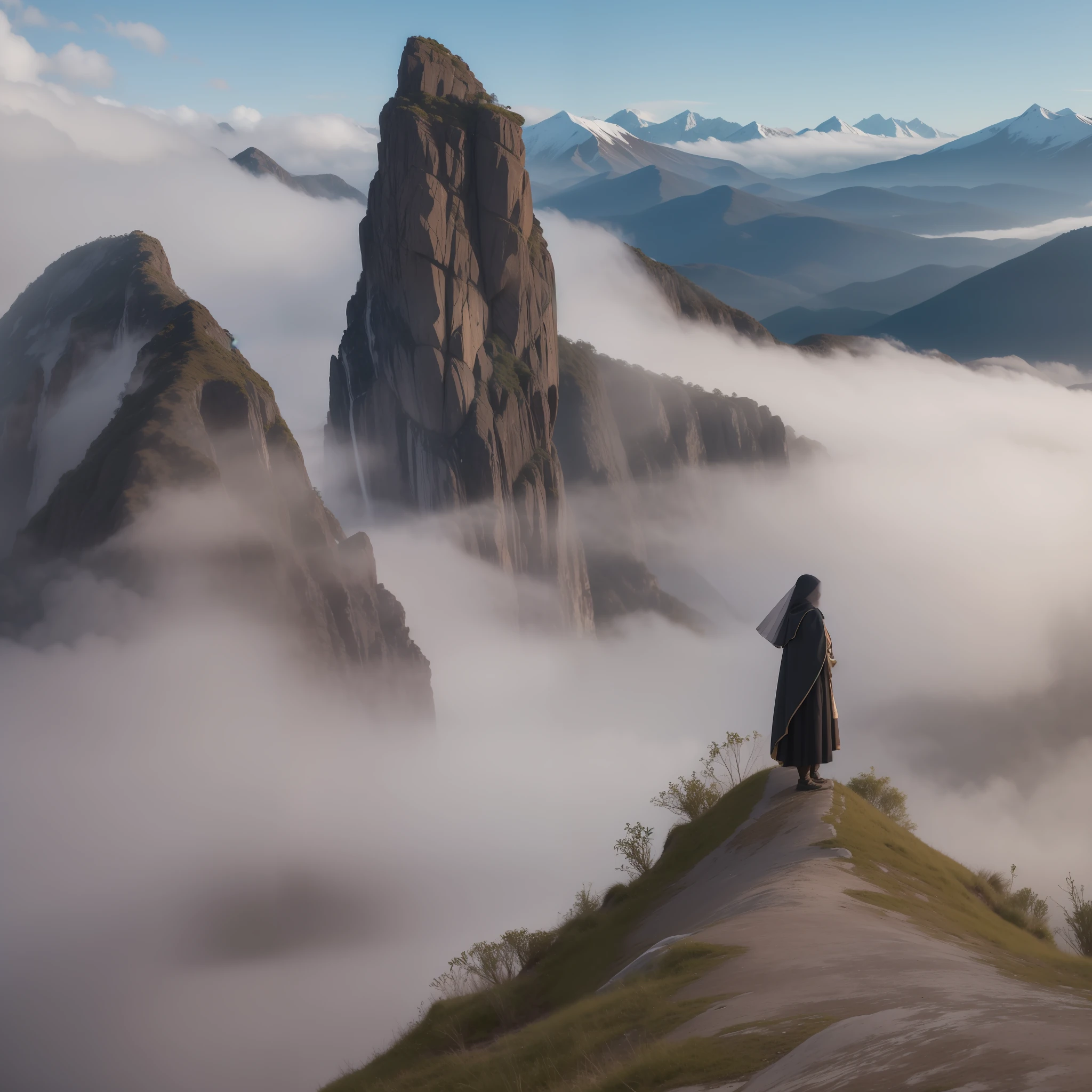 In the background is a thick fog drifting over the mountains, and in the foreground is a female side face with a half-veiled veil