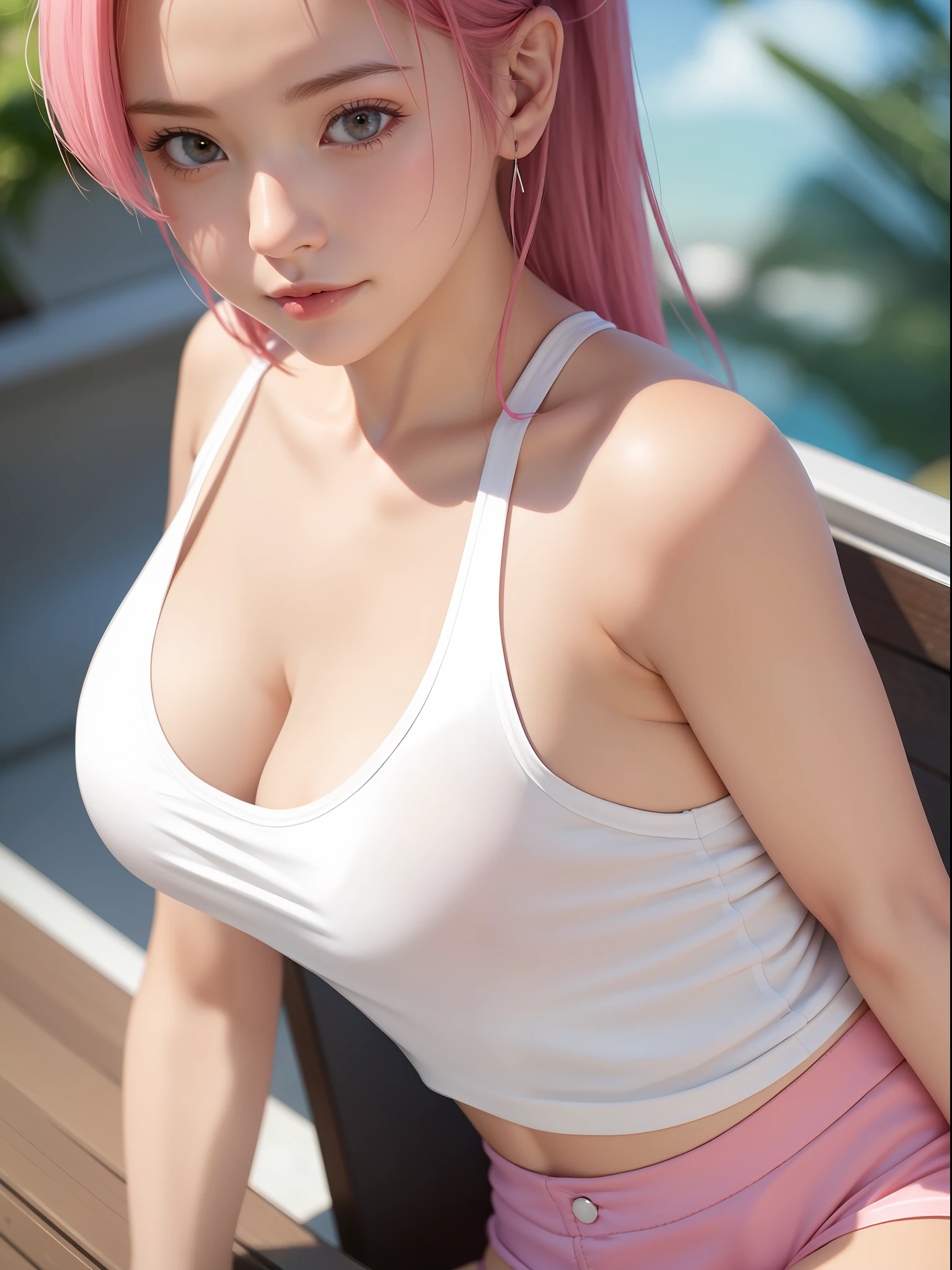 cool face,White tank top,pink hot pants,bare shoulders,woman,japanese,bare shoulders,black eyes,realistic details, high resolution,bokeh,outstanding details