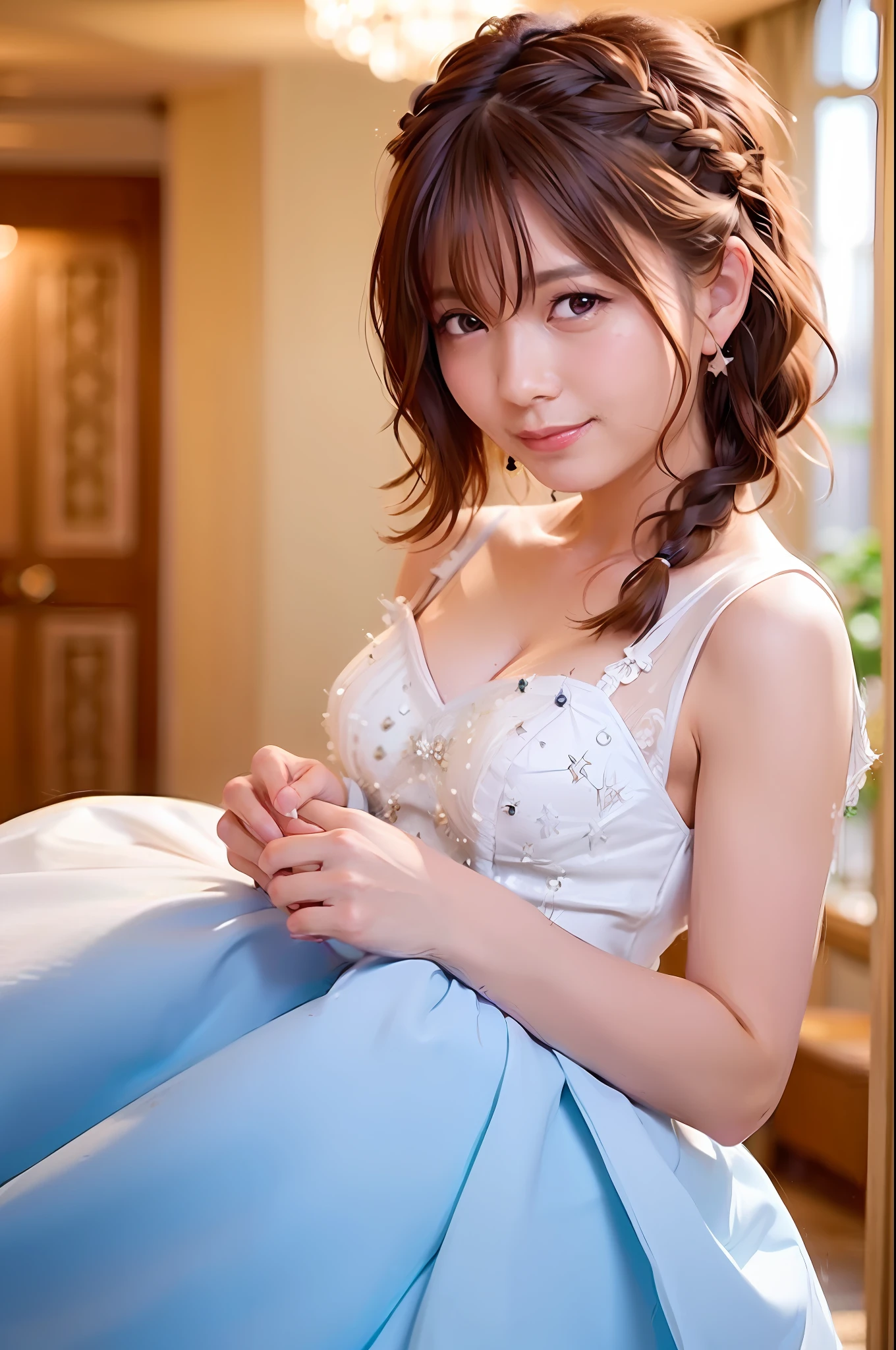 (bridal_hairstyle:1.3), ((prom dress)), woman taking pictures wearing wedding dress, 25 years old,
Good hands, 4K, high resolution, masterpiece, top quality, head: 1.3, (((Hasselblad photo)), fine skin, sharp focus, (film lighting), night, soft lighting, dynamic angle, [:( detail face: 1.2):0.2], (((5 star hotel background))), brown hair, (shortcut), floating hair, ((braided hair))