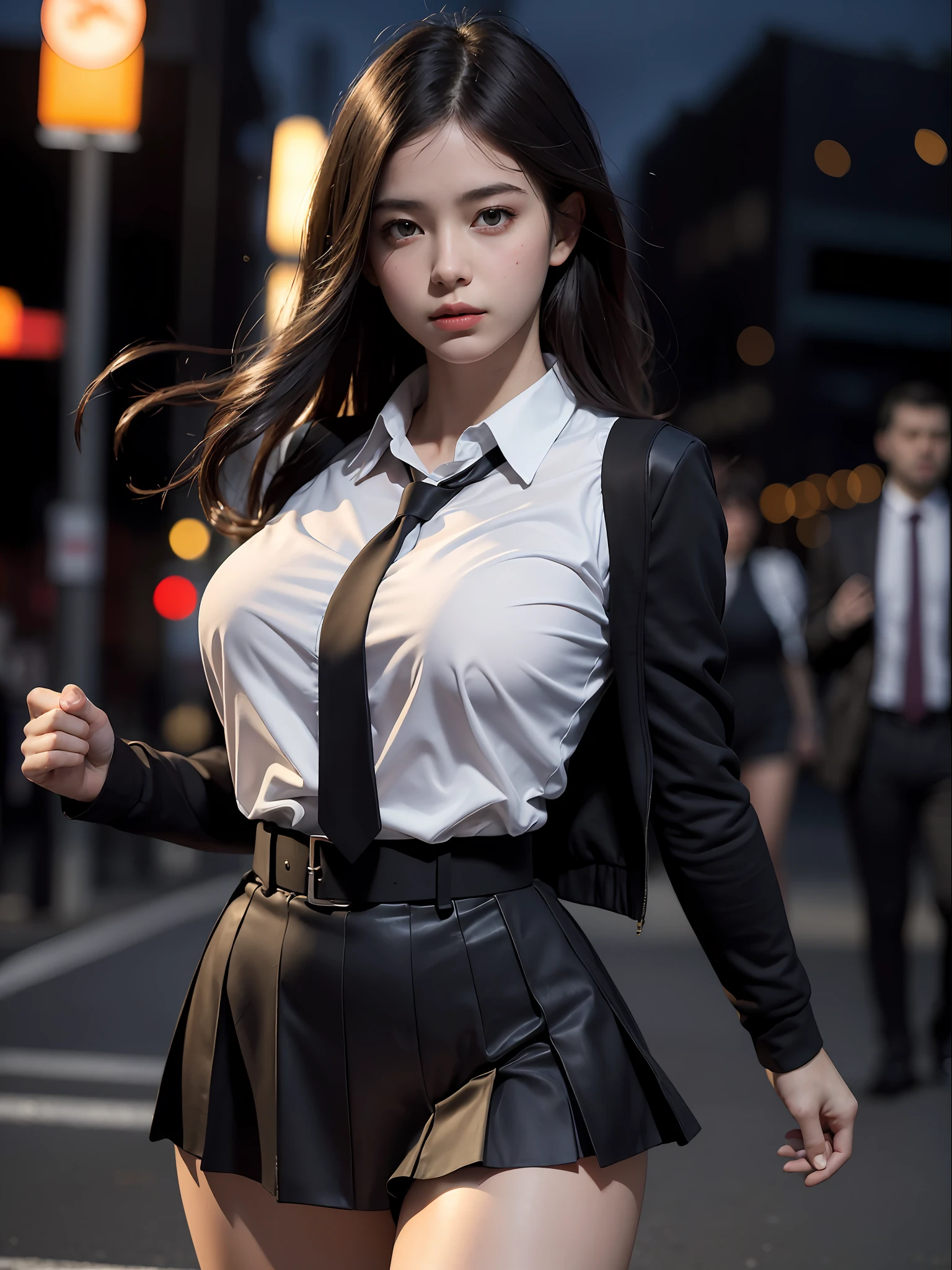 Best quality, masterpiece, ultra high res, (photorealistic:1.4), raw photo, (perfect body shape), dynamic pose, 1girl, waist up, solo, school uniform, in the dark, night, on the street, deep shadow, low key, cold light 12000K