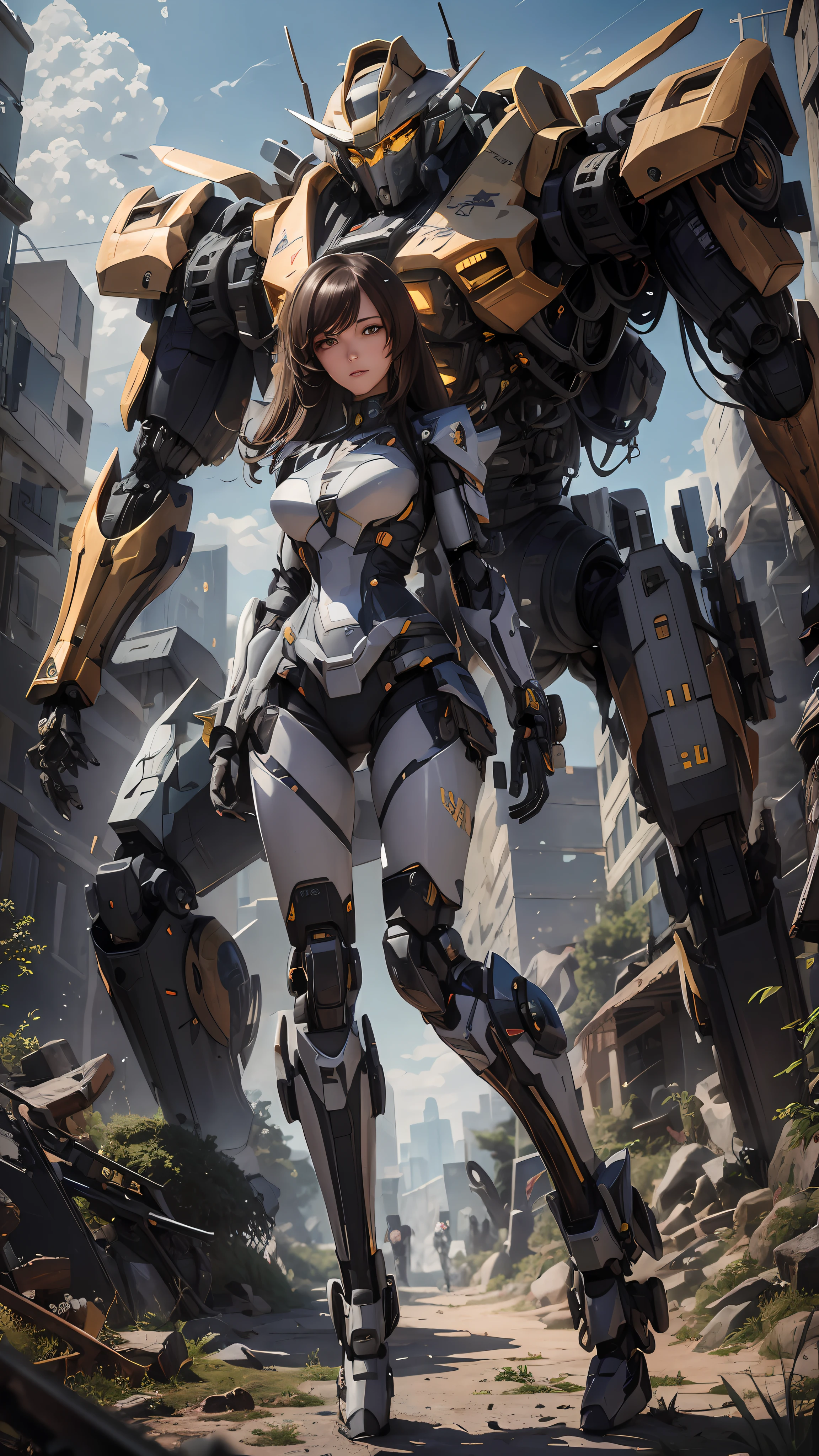 a close up of a woman in a futuristic suit standing in front of a giant robot, female mecha, girl in mecha cyber armor, mechanized valkyrie girl, cyberpunk anime girl mech, mechanized soldier girl, painterly humanoid mecha, cgsociety and fenghua zhong, mecha human, mecha suit, wojtek fus