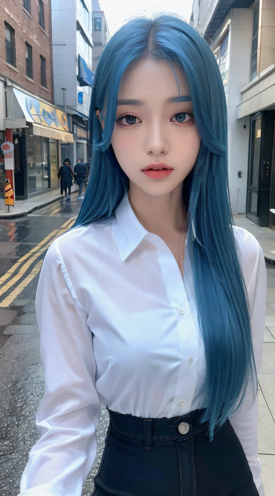 ((Best Quality, 8K, Masterpiece: 1.3)), Sharp: 1.2, Perfect Body Beauty: 1.4, Slim Abs: 1.2, ((Layered Hairstyles, Big: 1.2)), (Wet White Button Long Shirt: 1.1), (Rain, Street: 1.2), Wet: 1.5, Highly Detailed Face and Skin Texture, Detailed Eyes, Double Eyelids, Aspect Looking at the Camera, Blue Hair