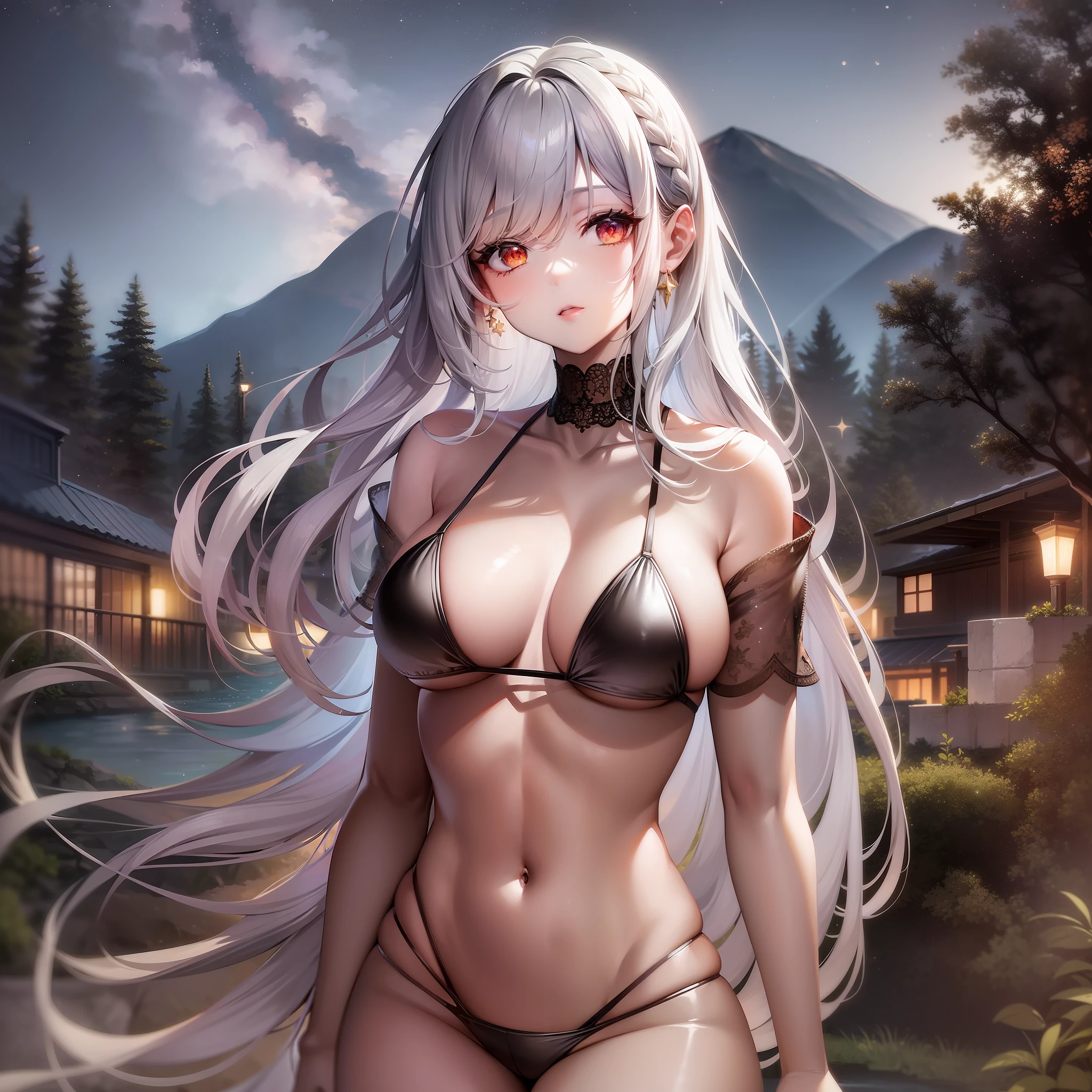 1 girl, young adult woman, Silver hair, Long hair, Straight hair, Super big, Tall, Golden metallic micro bikini, Hot spring, Outdoors, late night, Starry sky, Red eye, Standing style, Human hands,