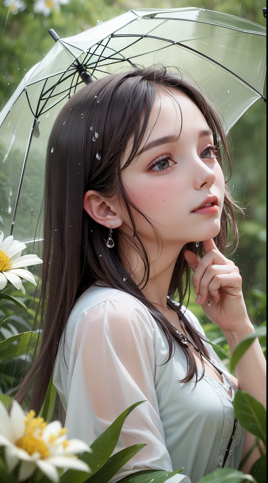A girl stands amidst a field of flowers, her face turned upwards as she feels the rain on her skin. The drops create a gentle rhythm as they fall, adding to the peaceful atmosphere. The girl smiles, enjoying the refreshing feeling of the rain. Birds huddle under leaves, waiting out the shower. The scene is captured in stunning 8K resolution, highlighting the beauty of nature even on a rainy day.
