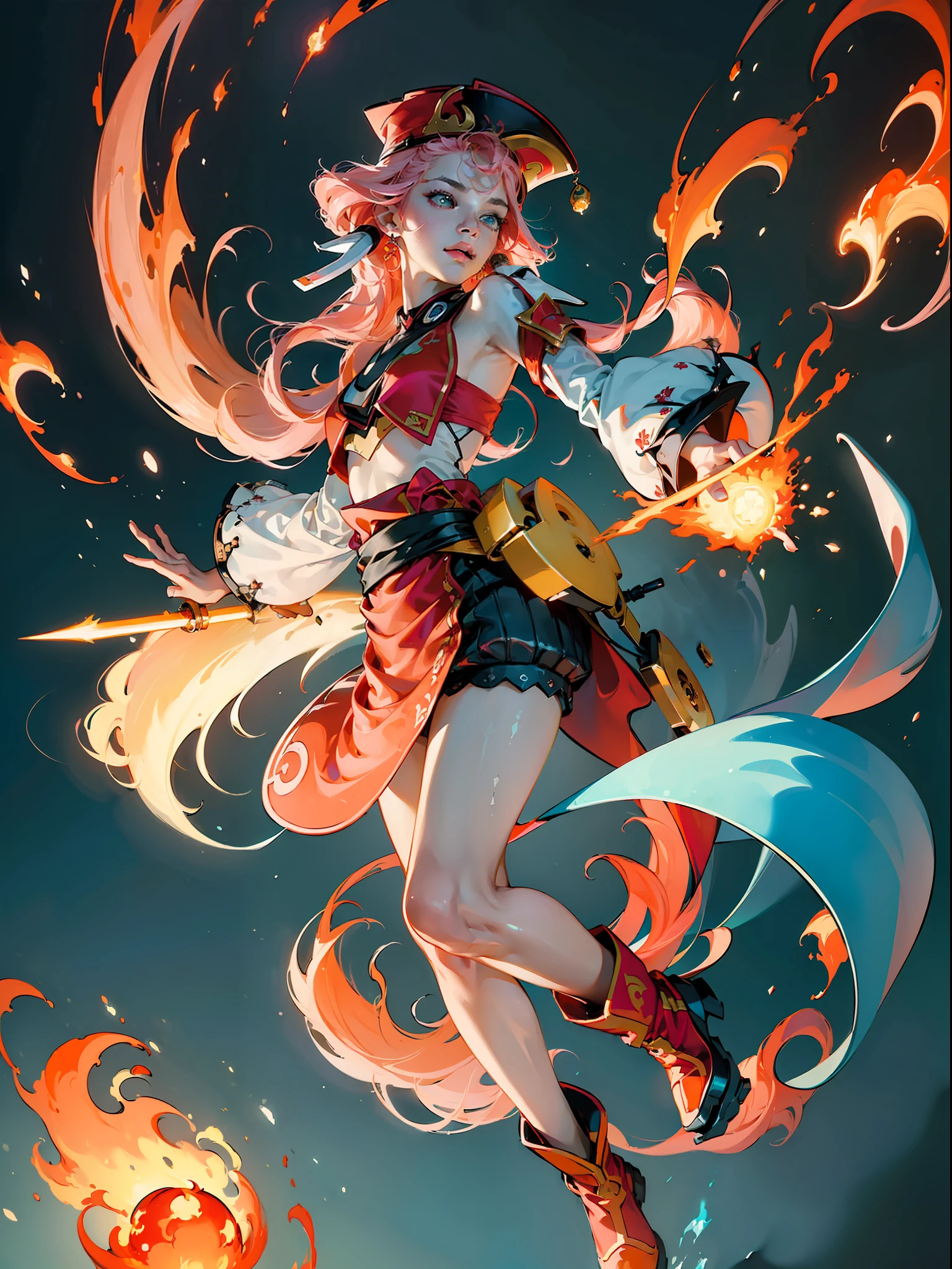 ((masterpiece,best quality)),(negative space:1.4),(1girl, solo:1.4),beautiful detailed eyes,floating pink hair, red hat, fireball, casting a fire spell, orange and red fractals background, looking to the side, teal eyes, fullbody, jumping