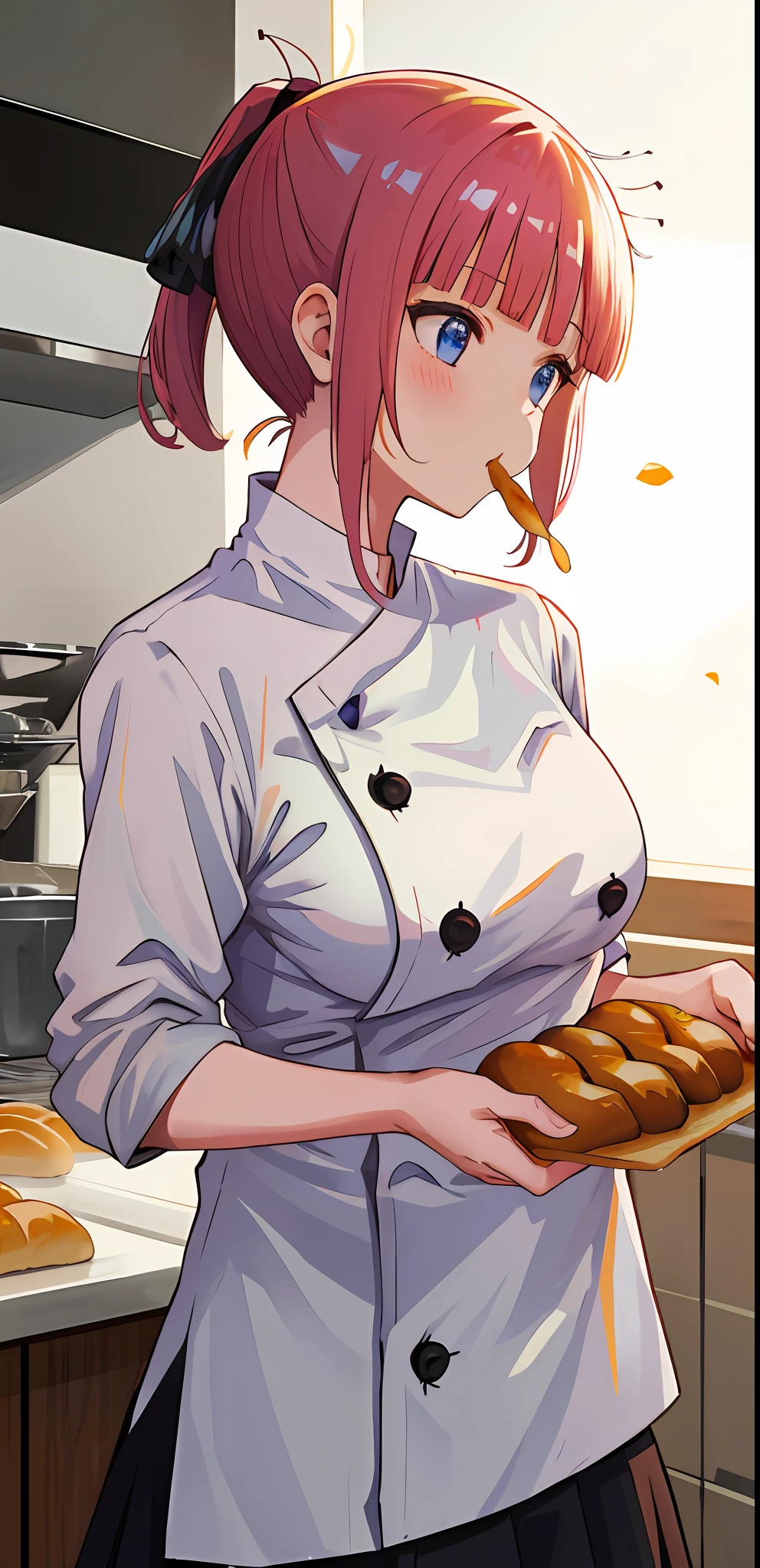 masterpiece, best quality, highres, nn1, nakano nino, 1girl, hair ribbon, short hair, ponytail, chef uniform, chef, white shirt, black skirt, bread, eating bread, large breast