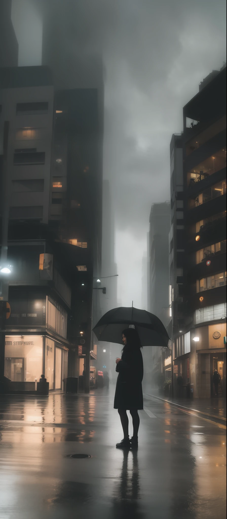 (moody atmosphere:1.5), high-quality depiction, spruce indian cityscape, rainy landscape, cinematic, rainy street lights, slick road surface, reflective puddles, bustling pedestrians, city skyline, urban life.
