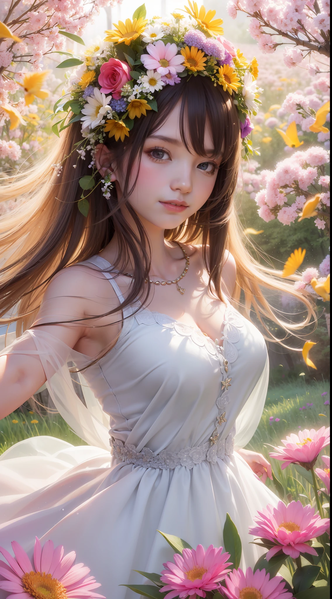 A radiant girl stands tall in a field of blooming flowers, her arms outstretched as she embraces the warmth of the sun. The light illuminates her joyful smile and the colorful petals surrounding her. Birds sing sweet melodies, adding to the enchanting atmosphere. The scene is captured in stunning 8K resolution, highlighting the beauty and vibrancy of the moment.