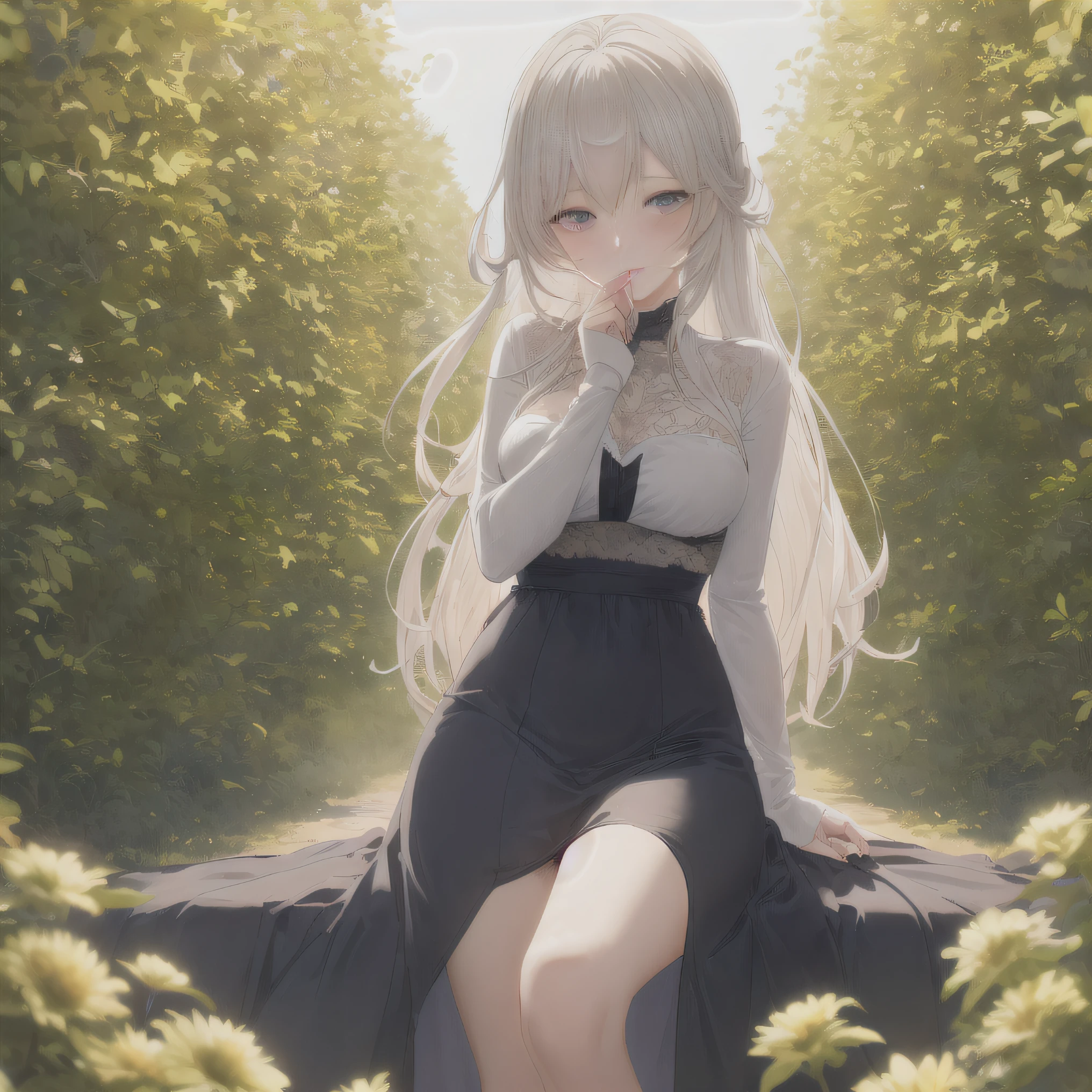 anime girl sitting on a bench in a park with trees, in dress, girl with white hair, guweiz on pixiv artstation, anime girl wearing a black dress, soft anime illustration, beautiful anime girl, guweiz, artwork in the style of guweiz, cute anime waifu in a nice dress, guweiz on artstation pixiv