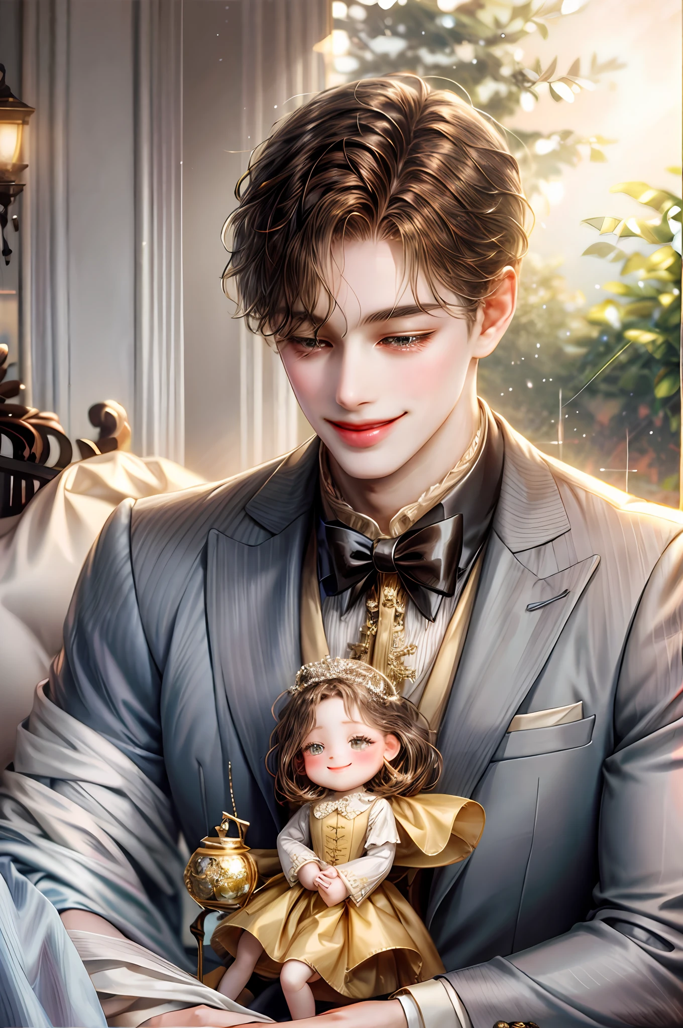Elegant boy doll with light brown hair smiling happily in a fancy suit