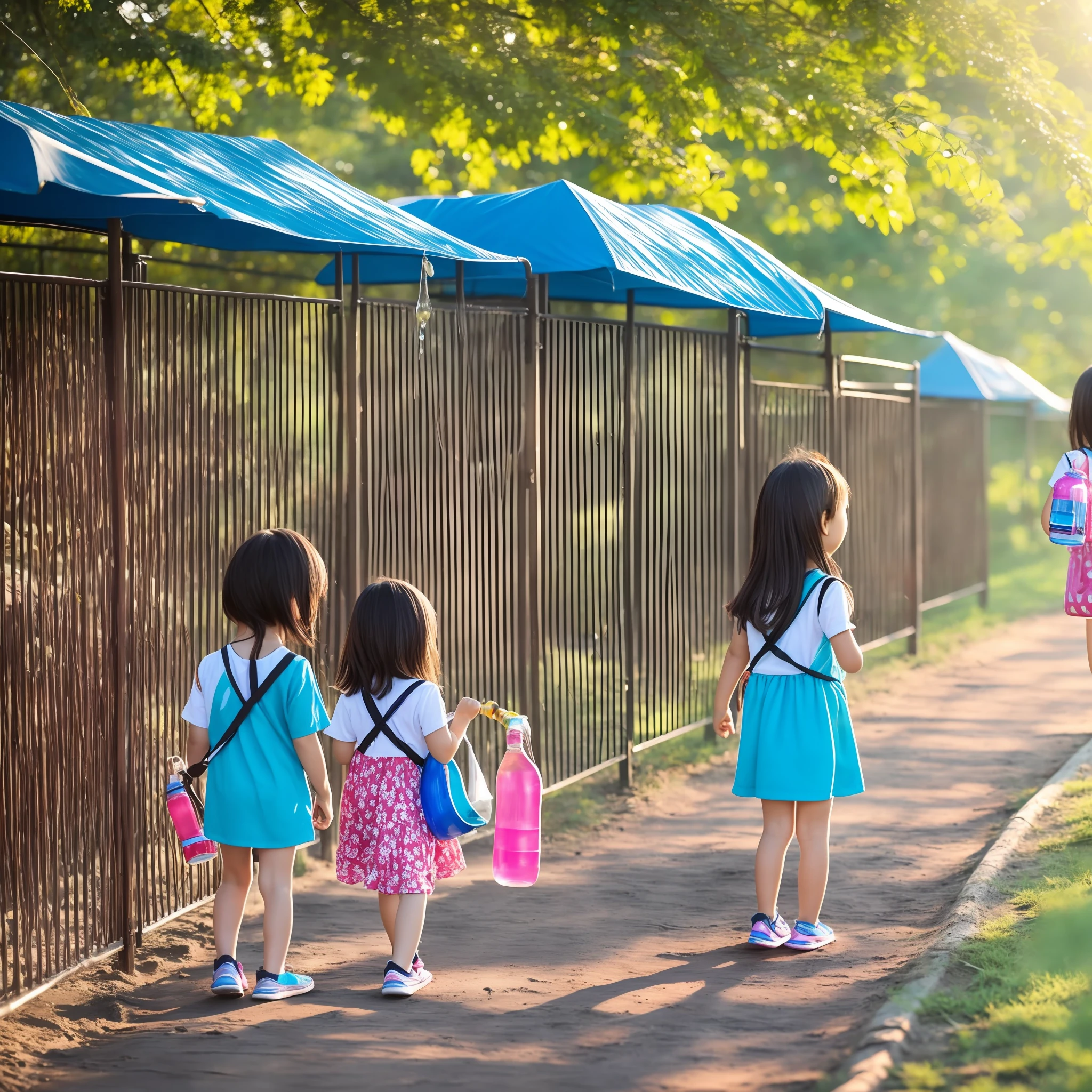 On the morning when the sun is high, the cute children go to the park together, beating happily and holding water bottles in their hands --auto --s2
