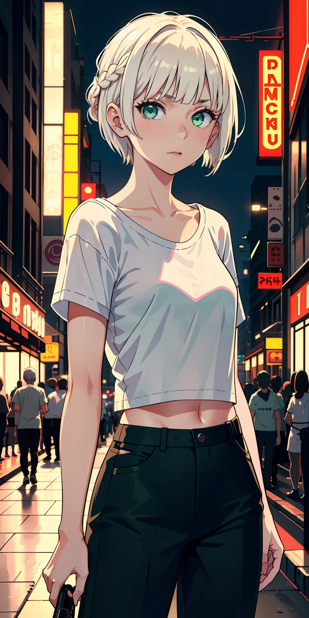masterpiece, best quality, nsfw, 1girl, platinum blonde hair, short hair, green eyes, braids, small perky breasts, on the street, night, neon light, white t-shirt, braless, black pants, poker face, front view, standing, in crowd,