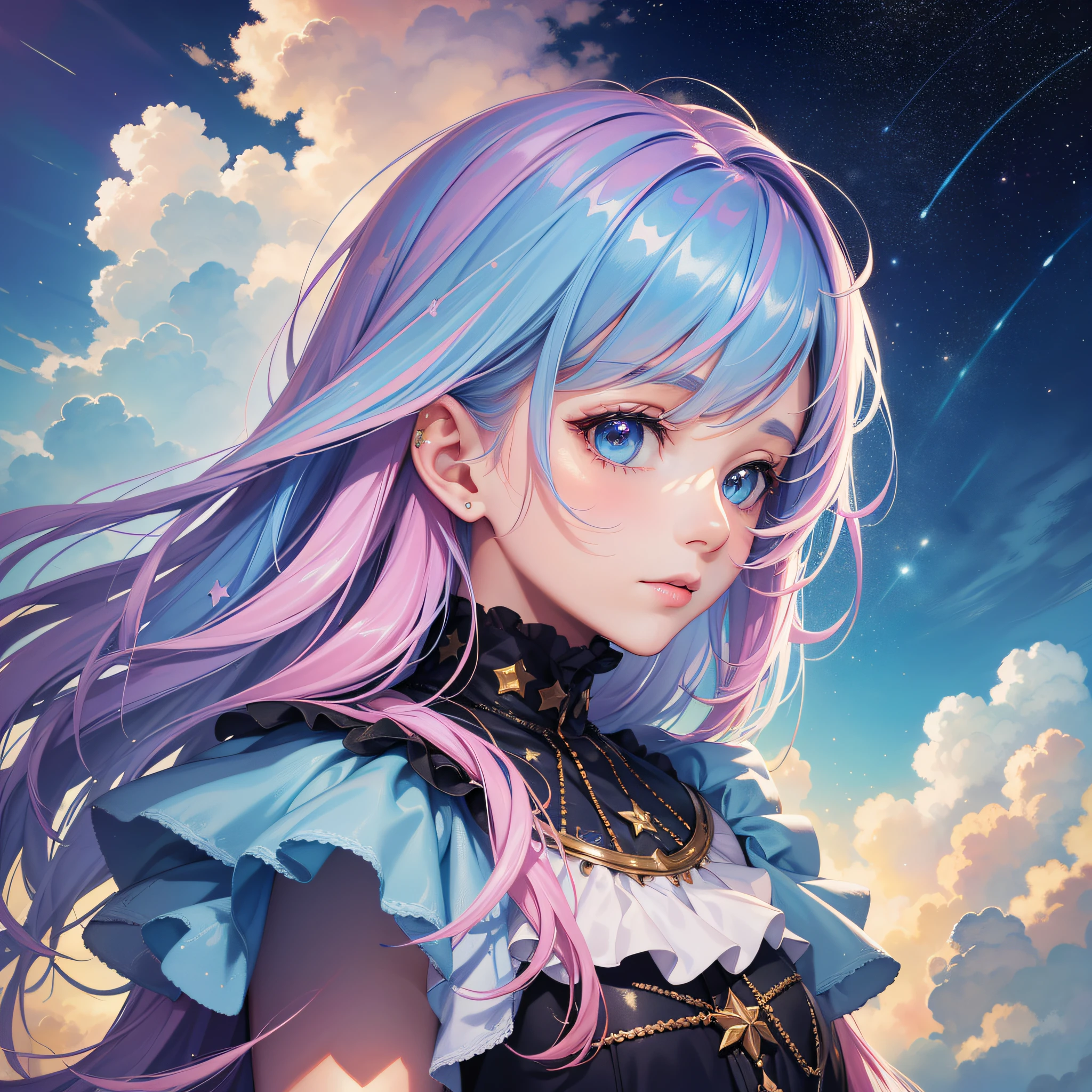 (Masterpiece, Top Quality, Best Quality, Watercolor (Medium), Official Art, Beauty and Aesthetics: 1.2), (1girl: 1.3), (Fractal Art: 1.3), Upper Body, Looking at the Viewer from the Side, Pattern, (Rainbow Hair, Colored Hair, Half Blue and Half Pink Hair: 1.2), Water, Liquid, Clouds, Colorful, Starry, Stars, , Surrealism.