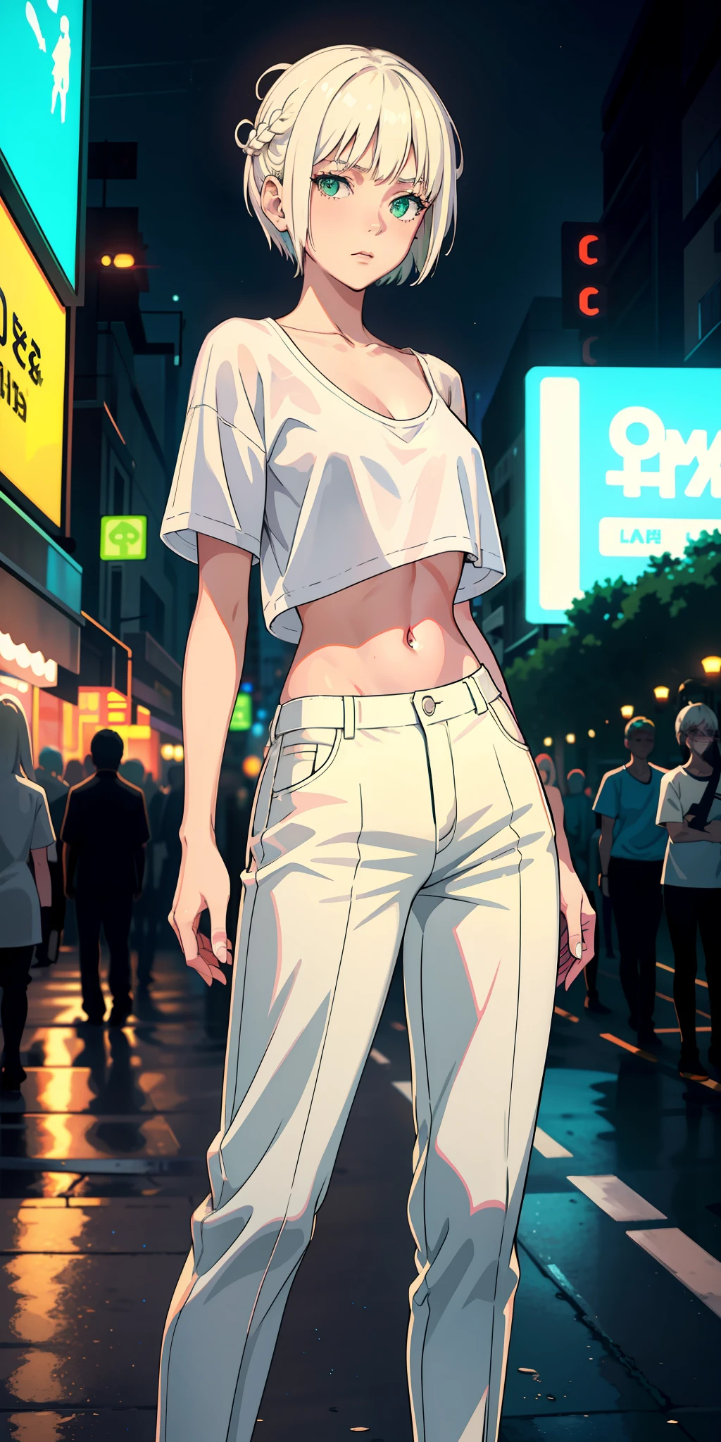 masterpiece, best quality, nsfw, 1girl, platinum blonde hair, short hair, green eyes, braids, small perky breasts, on the street, night, neon light, white t-shirt, braless, black pants, poker face, front view, standing, in crowd,