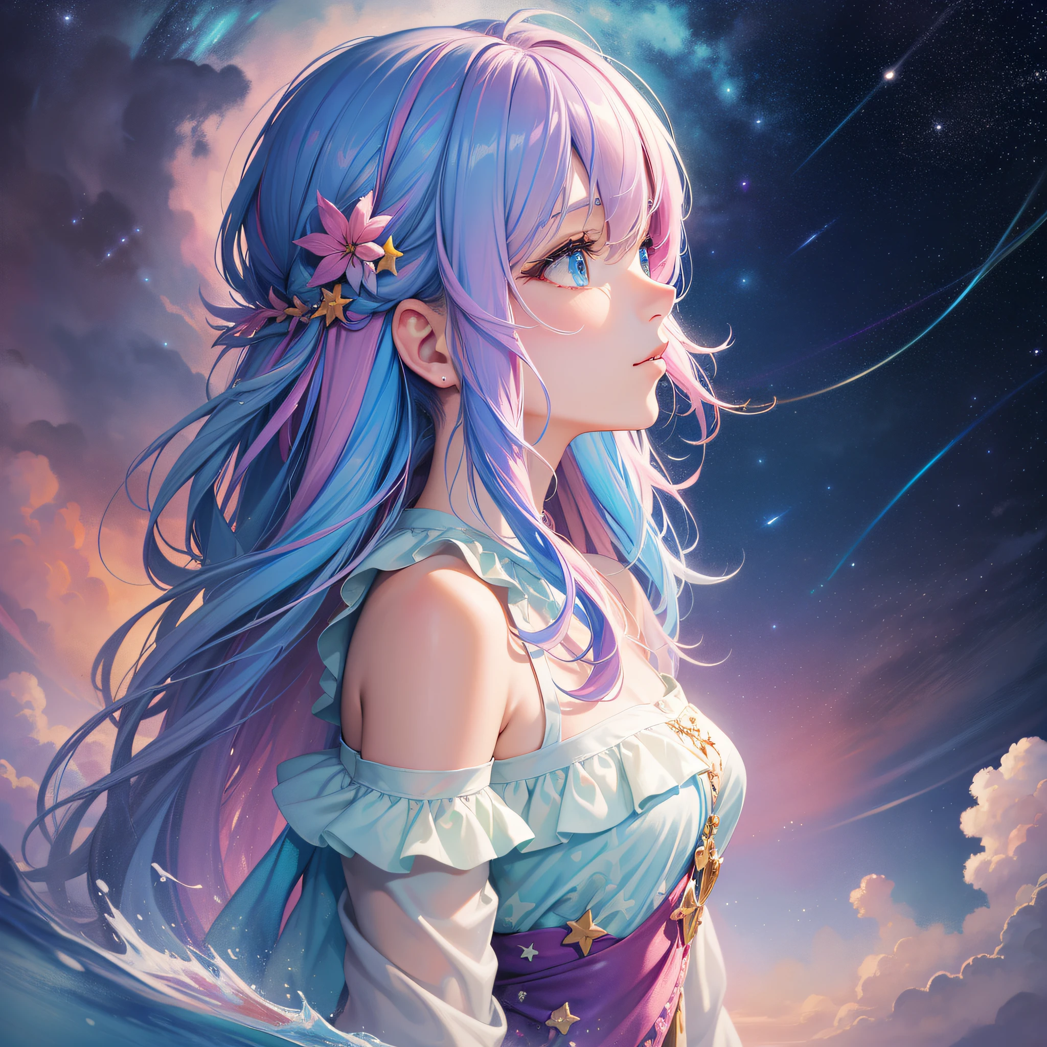 (Masterpiece, Top Quality, Best Quality, Watercolor (Medium), Official Art, Beauty and Aesthetics: 1.2), (1girl: 1.3), (Fractal Art: 1.3), Upper Body, Looking at the Viewer from the Side, Pattern, (Rainbow Hair, Colored Hair, Half Blue and Half Pink Hair: 1.2), Water, Liquid, Clouds, Colorful, Starry, Stars, , Surrealism.