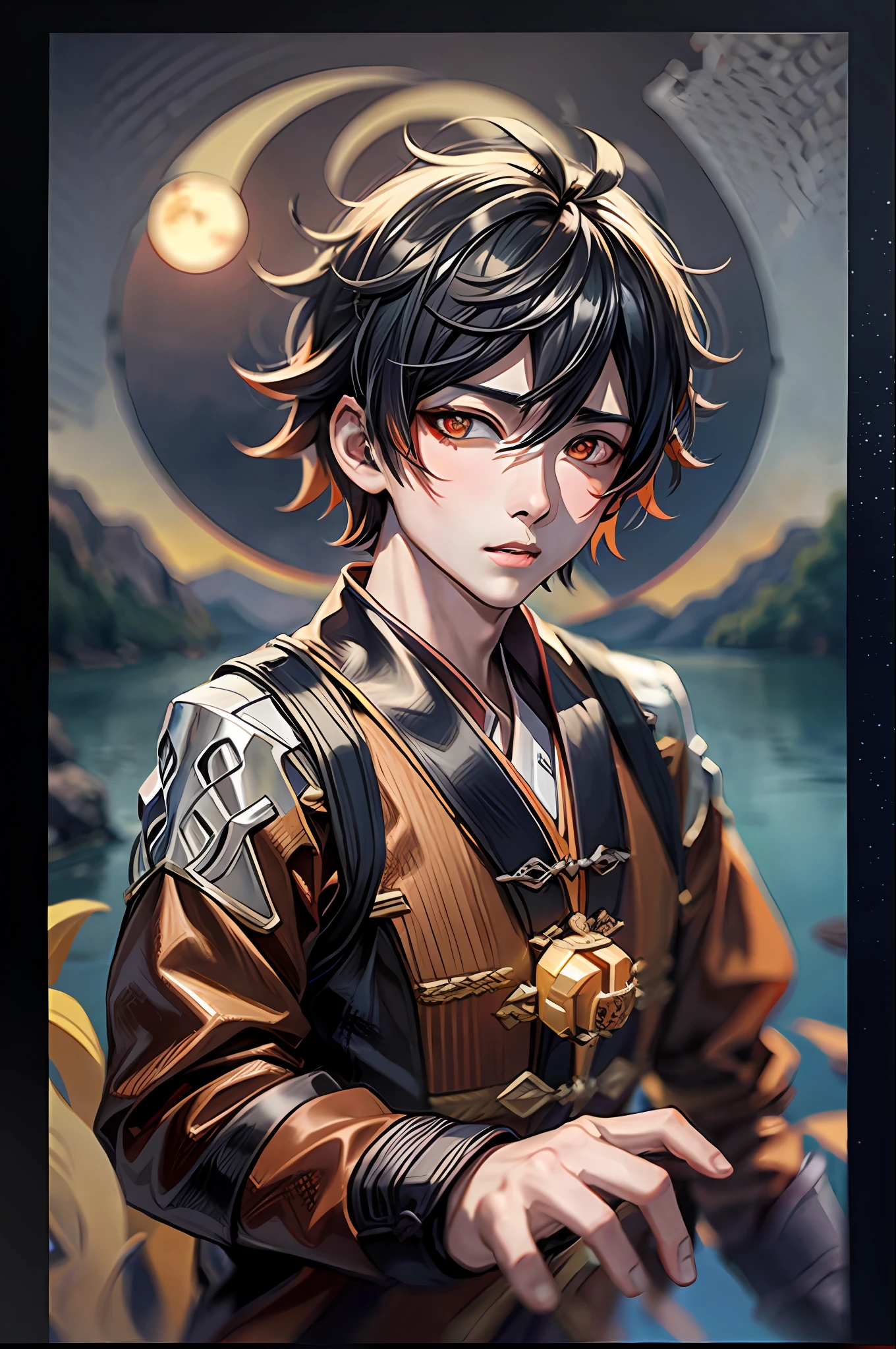 1boy, Zhongli, solo, orange eyes, blood sky, orange moon, parted lips, blood , lake