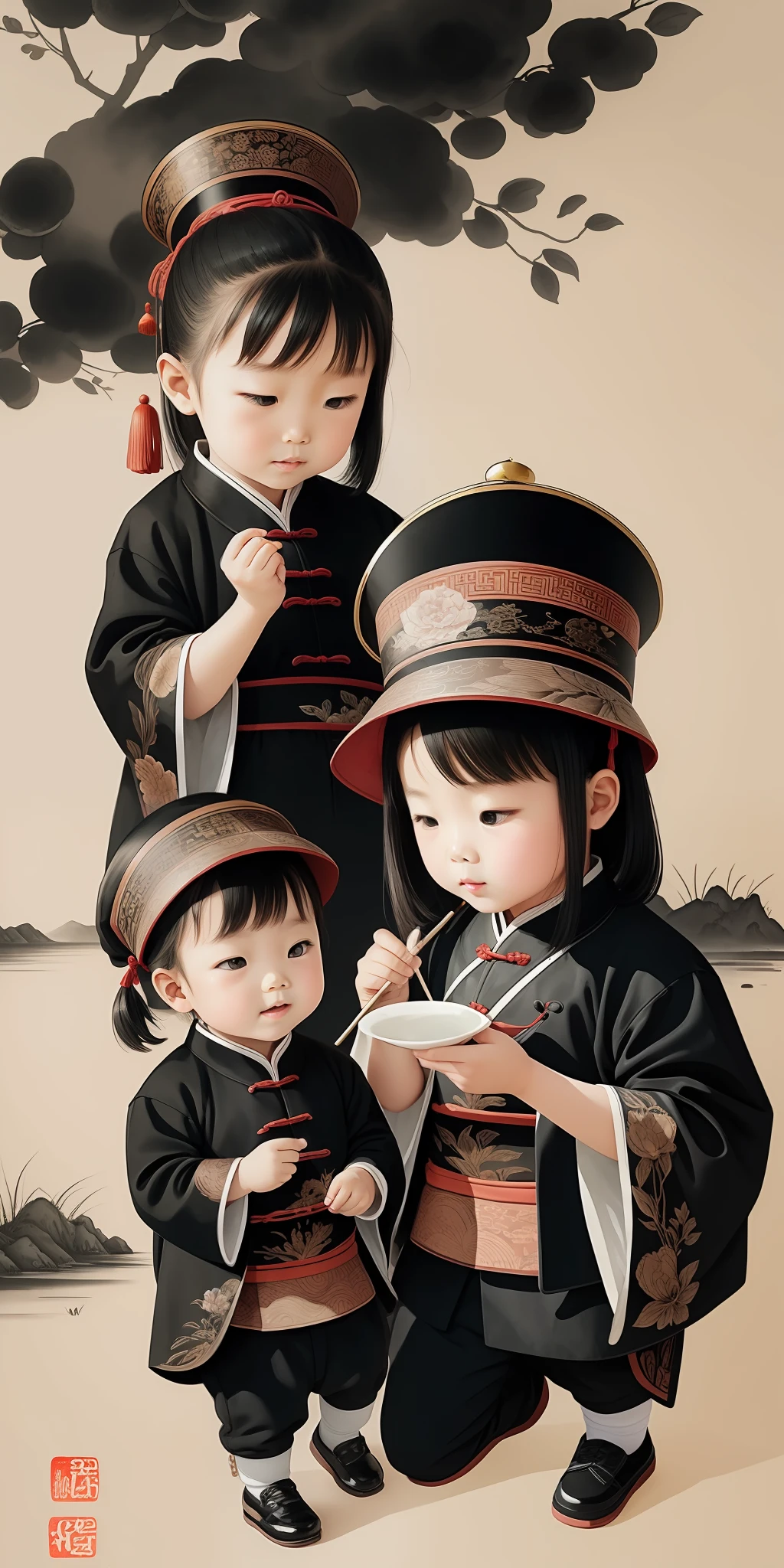 (masterpiece, best quality: 1.2), traditional Chinese ink painting, two children