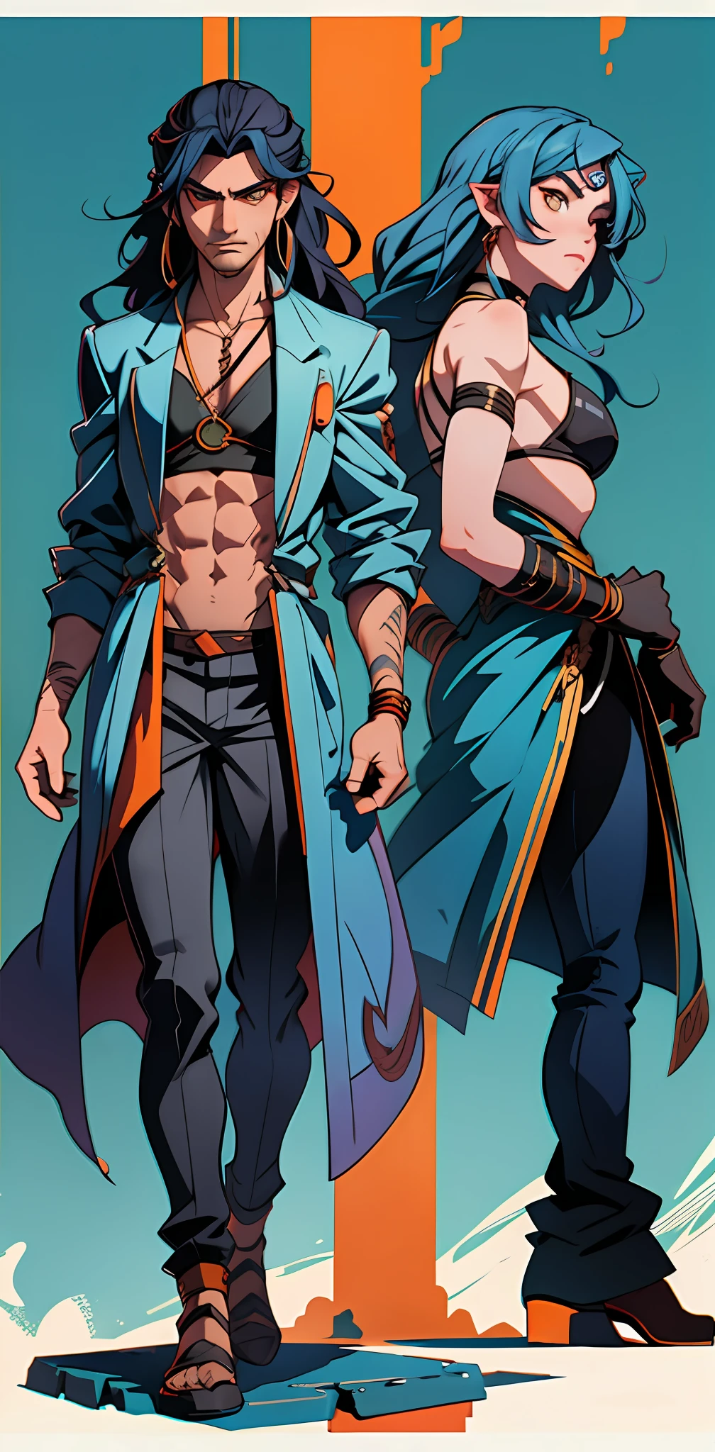 Male, swarthy, blue long hair, orange eyes, detailed, full length, man, mafia, scars, siren